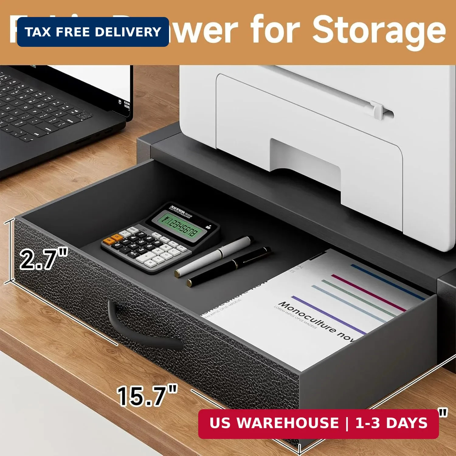 YAOHUOO 2-Tier Desktop Printer Stand with Fabric Drawer,17.3″x11.8″ Black | Prin