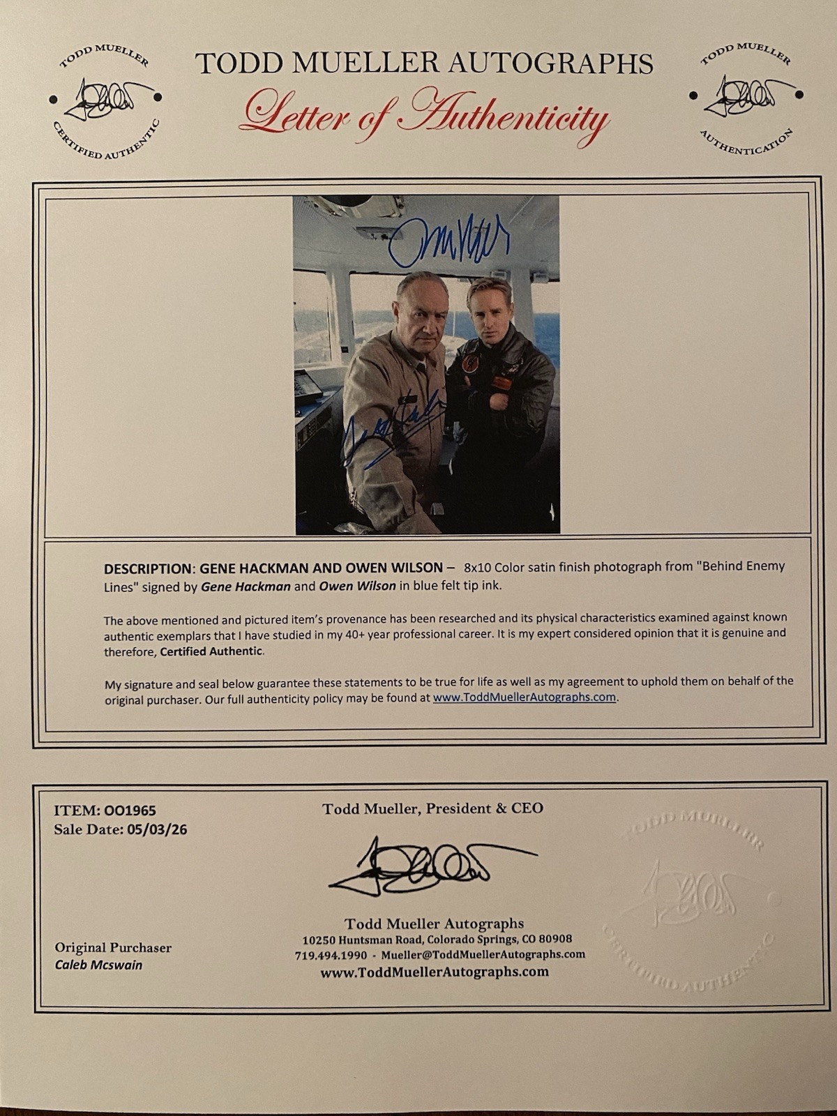 Gene Hackman Owen Wilson Signed Autographed Photo With COA Behind Enemy Lines