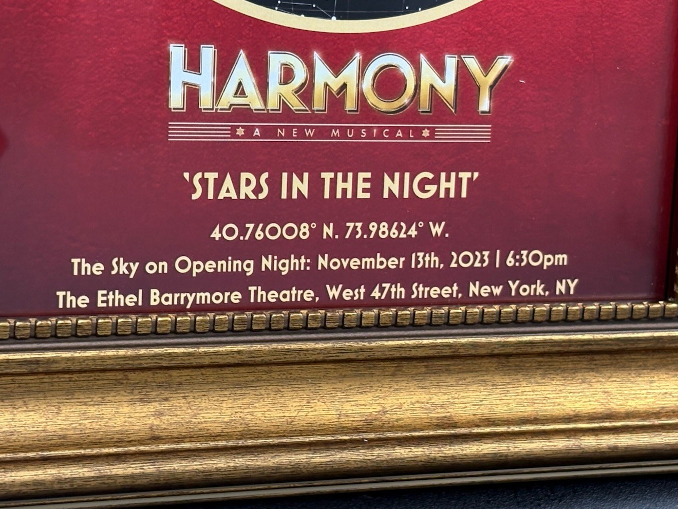 HARMONY Broadway Musical OPENING NIGHT GIFT Framed STARS IN THE NIGHT Star Chart