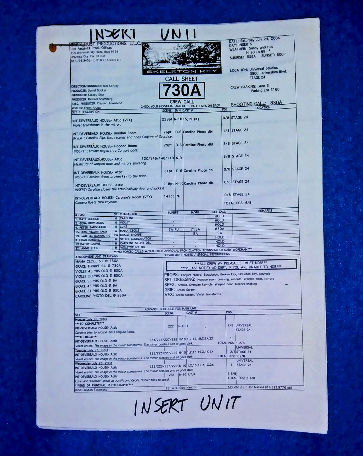 KATE HUDSON GENA ROWLANDS 05 Vintage SKELETON KEY Call Sheet + 8 Pages Of Sides