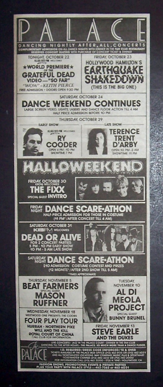 Dead Or Alive The Fixx Steve Earl Ry Cooder Al Di Meola Palace LA ’87 Concert Ad