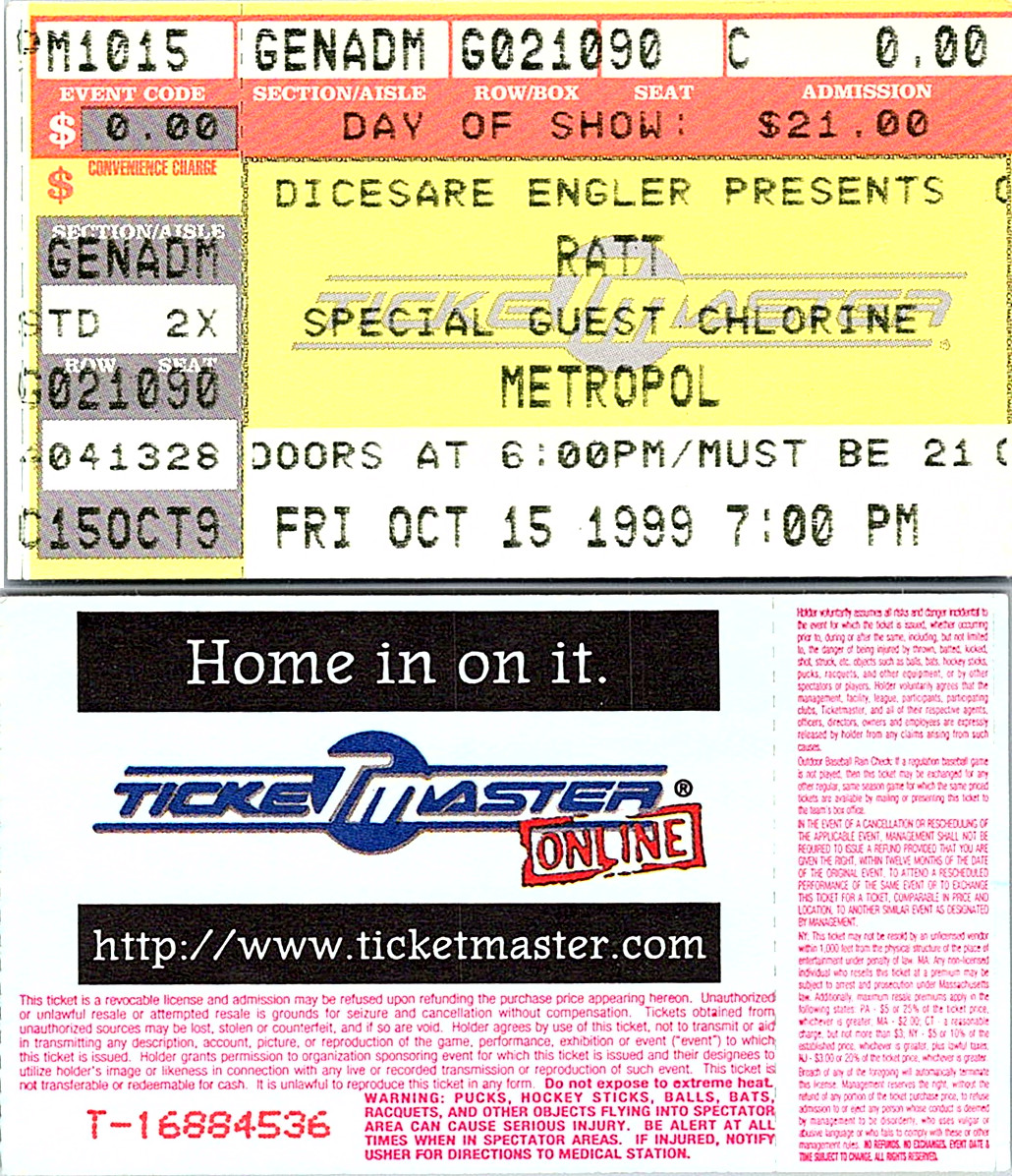 RATT CONCERT TICKET STUB, 10/15/1999, METROPOL