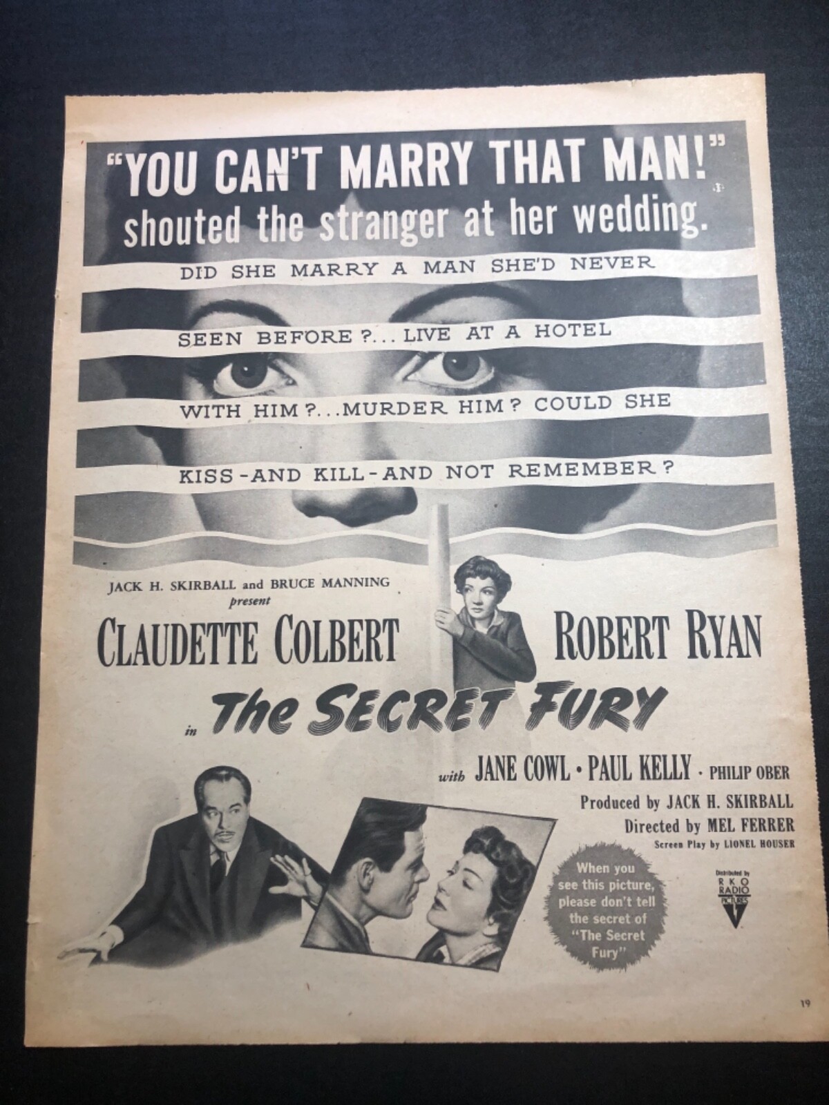 1950 “The Secret Fury” Claudette Colbert Robert Ryan movie ad 13.5×10.5” 0C24