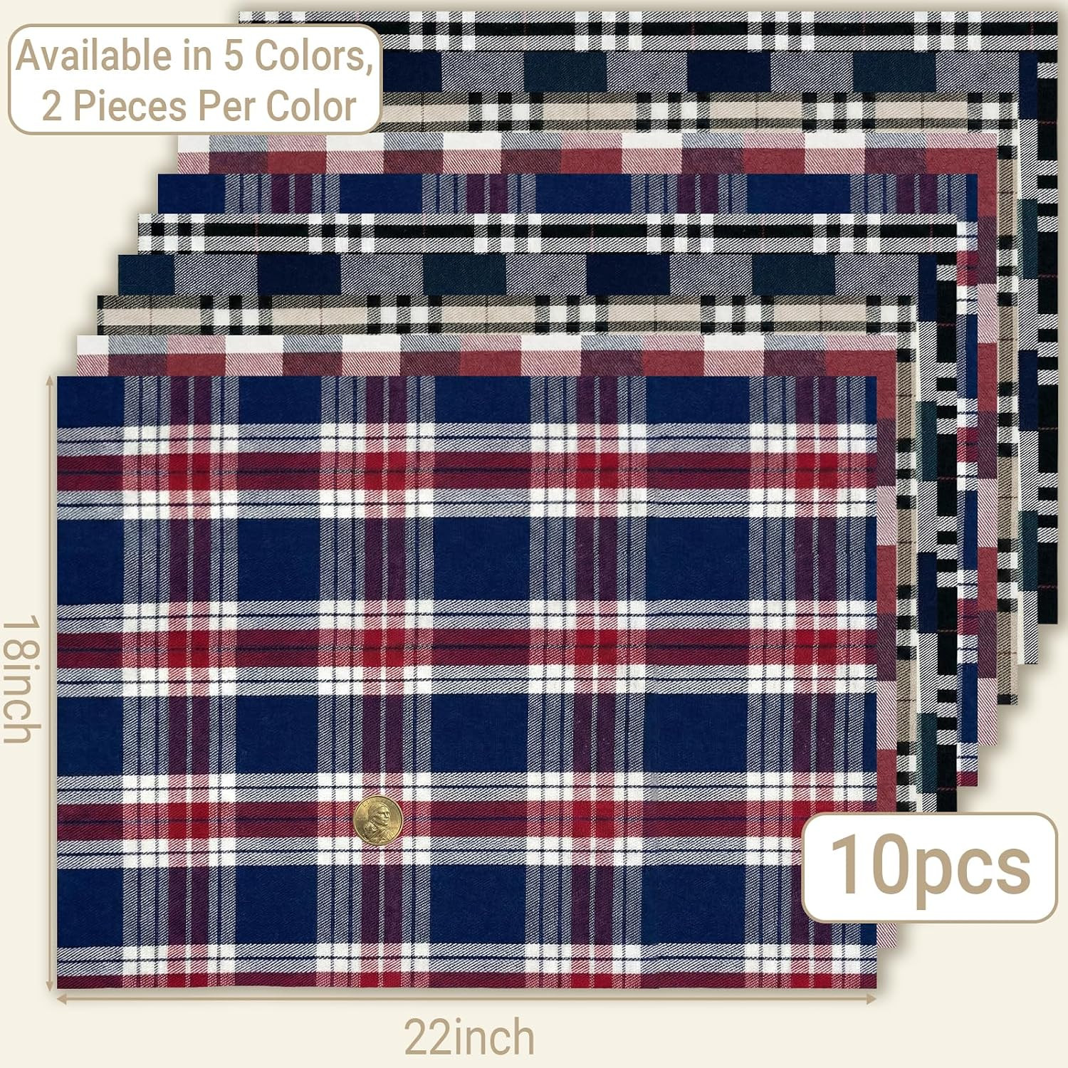 10 Pcs 18X22 in Fabric Checkered Squares Multi Colors | Poly-Cotton Blend Mater