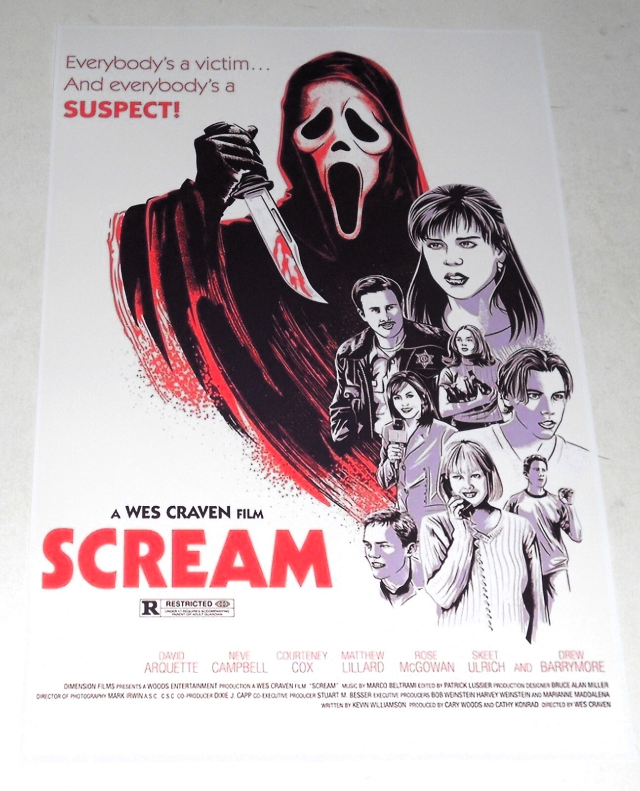 SCREAM 1996 Alternate Wes Craven Poster Ghostface with Knife / Cast 19″x13″
