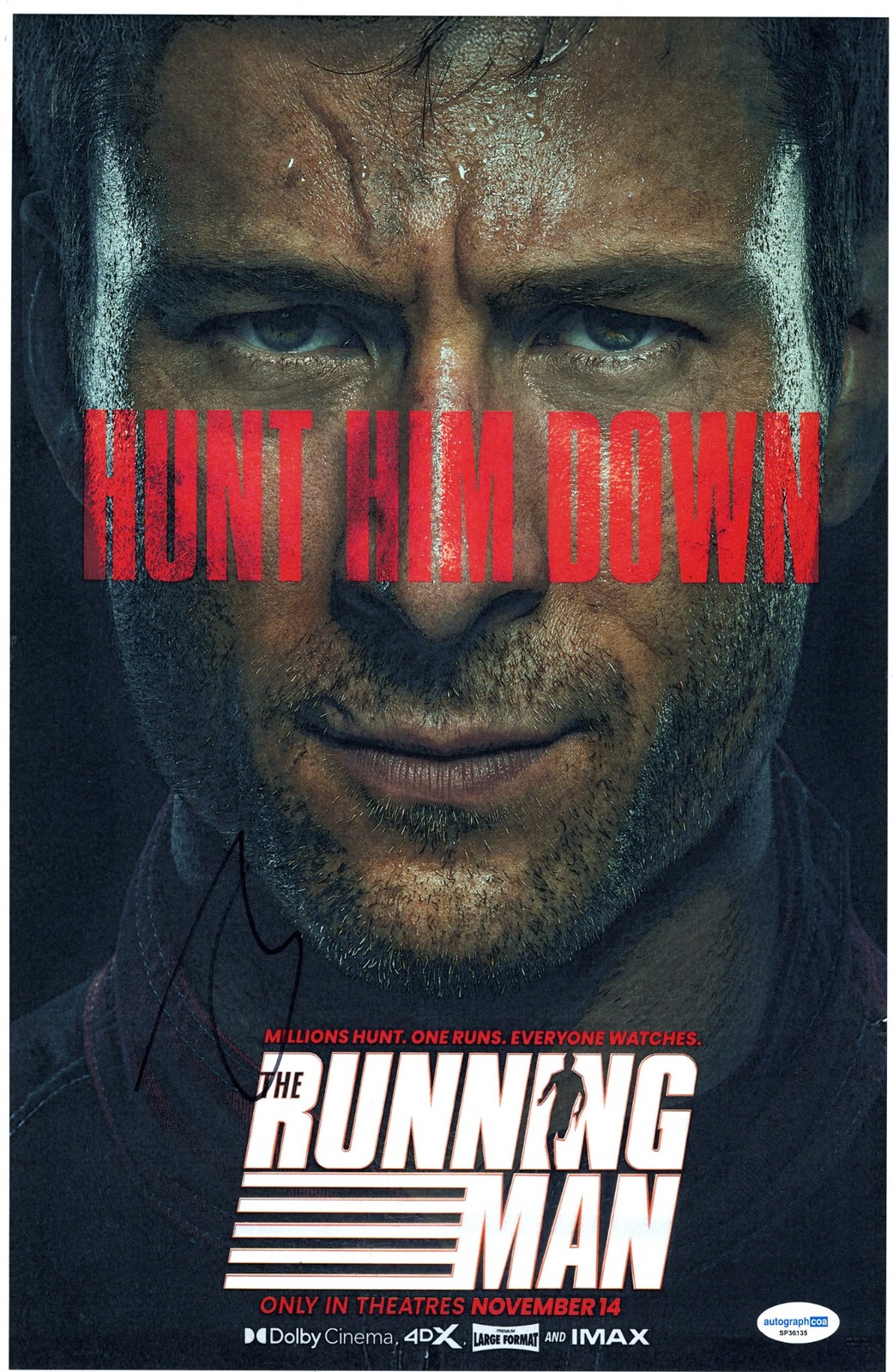Glen Powell Signed Autographed 11×17 Photo ACOA The Running Man