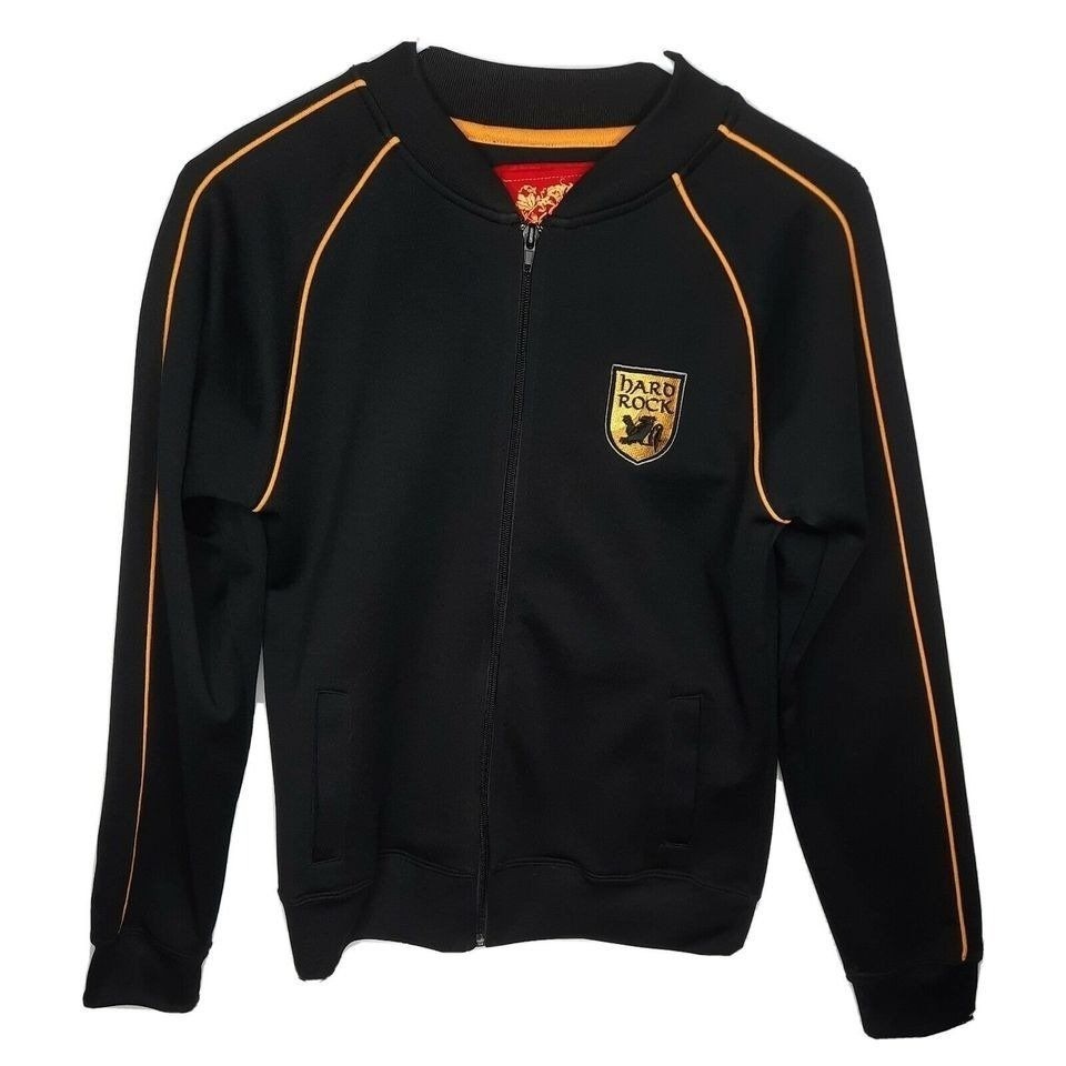 Hard Rock Cafe Atlanta Youth M Black Yellow Piping Full Zip Jacket Logo EUC