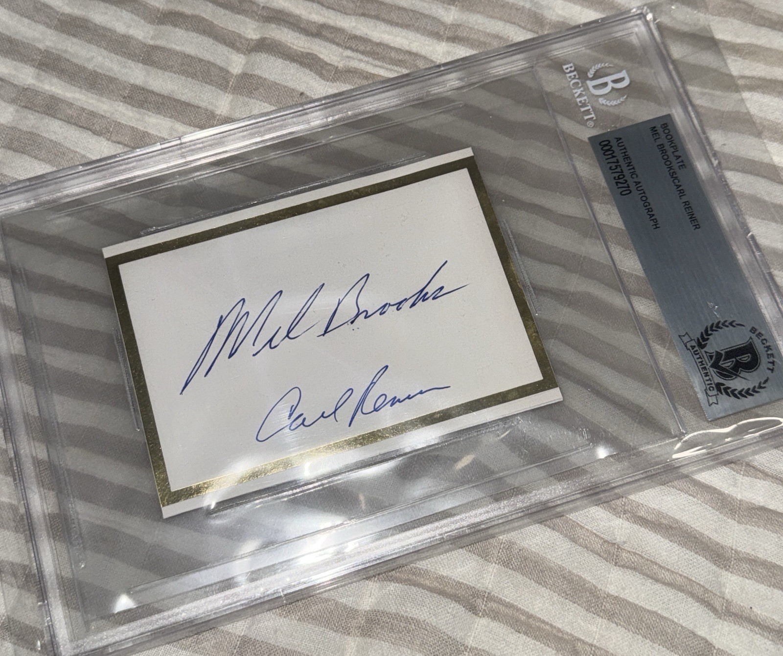 Mel Brooks & Carl Reiner dual hand signed bookplate w/ photo – BECKETT SLAB