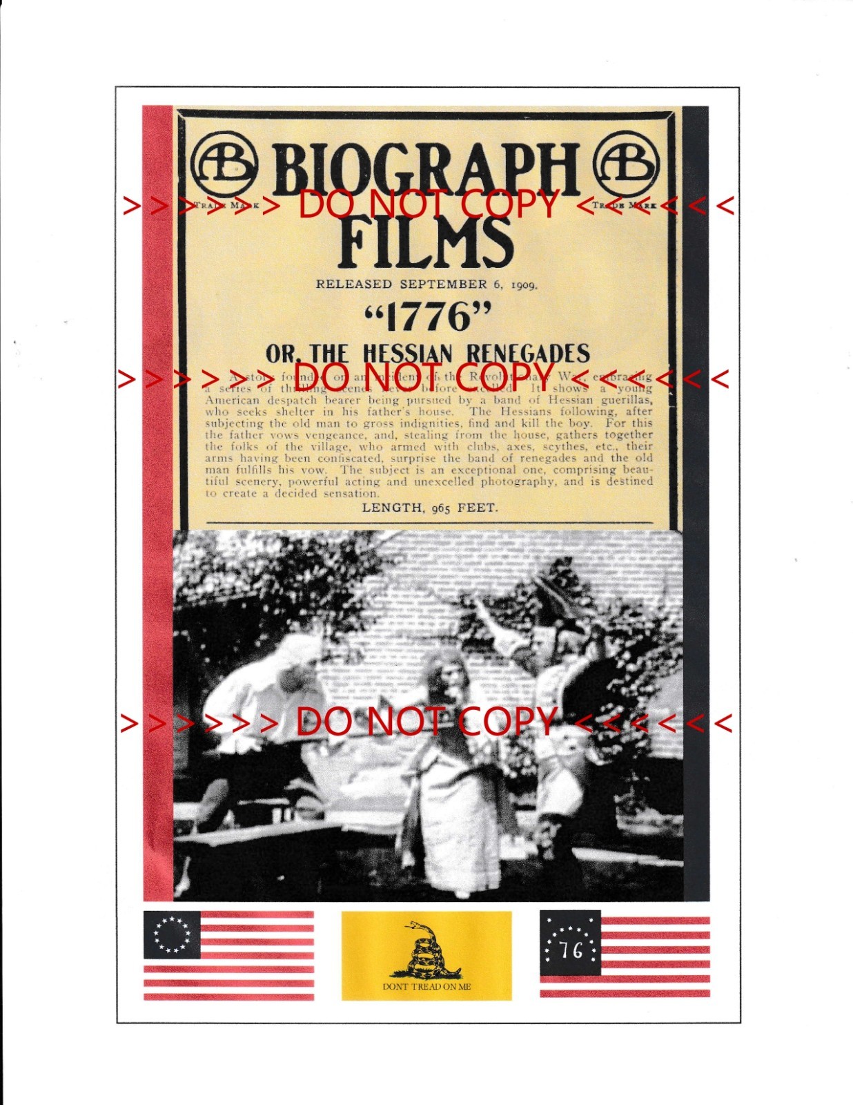 1909 FIRST SILENT FILM OF REVOLUTIONARY WAR 1776 POSTER FOR 250TH ANNIVERSARY