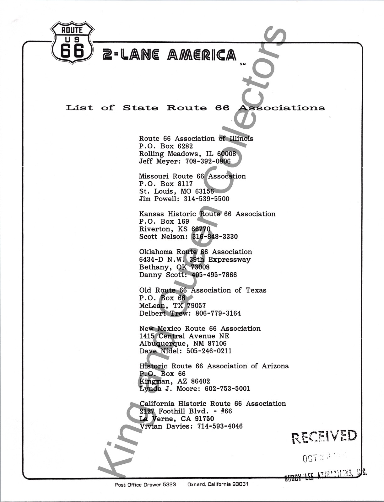 2-Lane America Original Press Kit Information Sheet