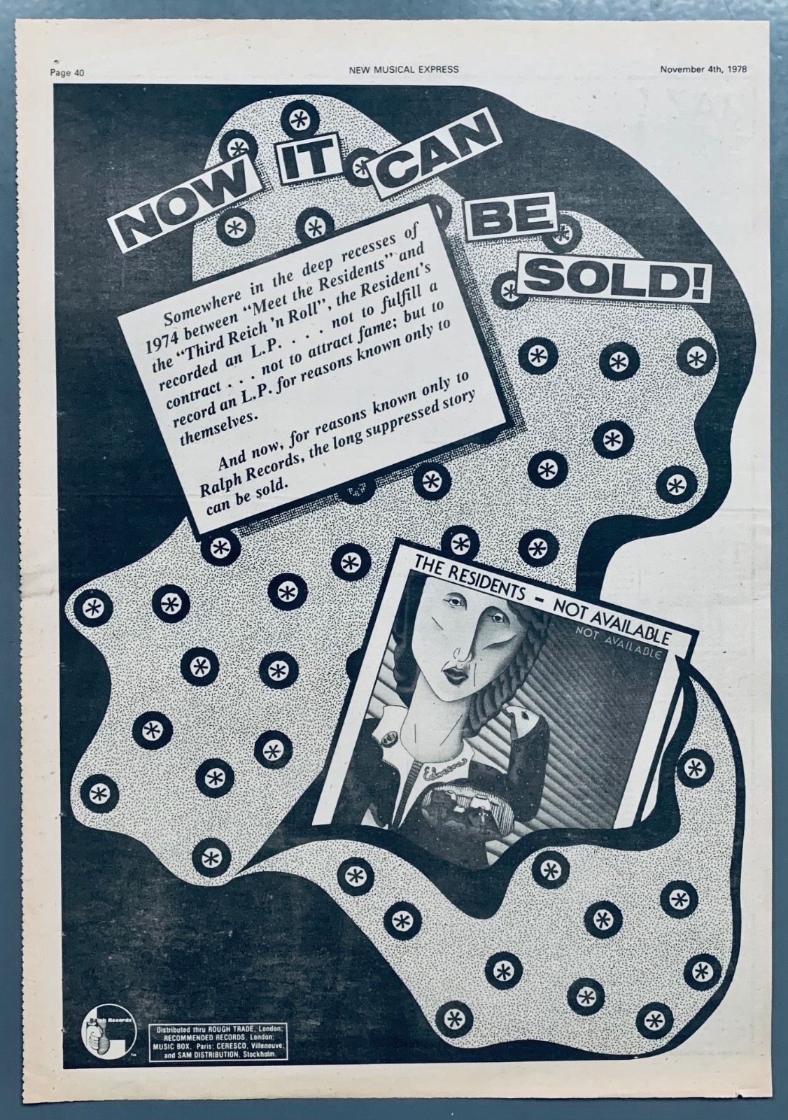 THE RESIDENTS 1978 vintage PRINT ADVERT NOT AVAILABLE Ralph Records