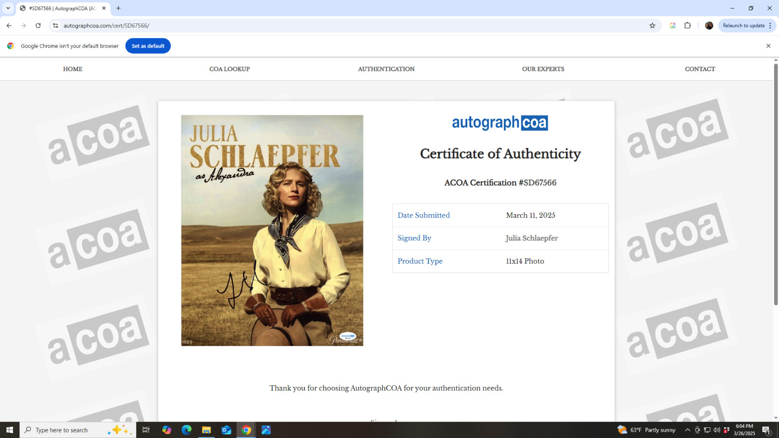 Julia Schlaepfer signed 1923 Alexandra 11×14 photo autograph ACOA COA