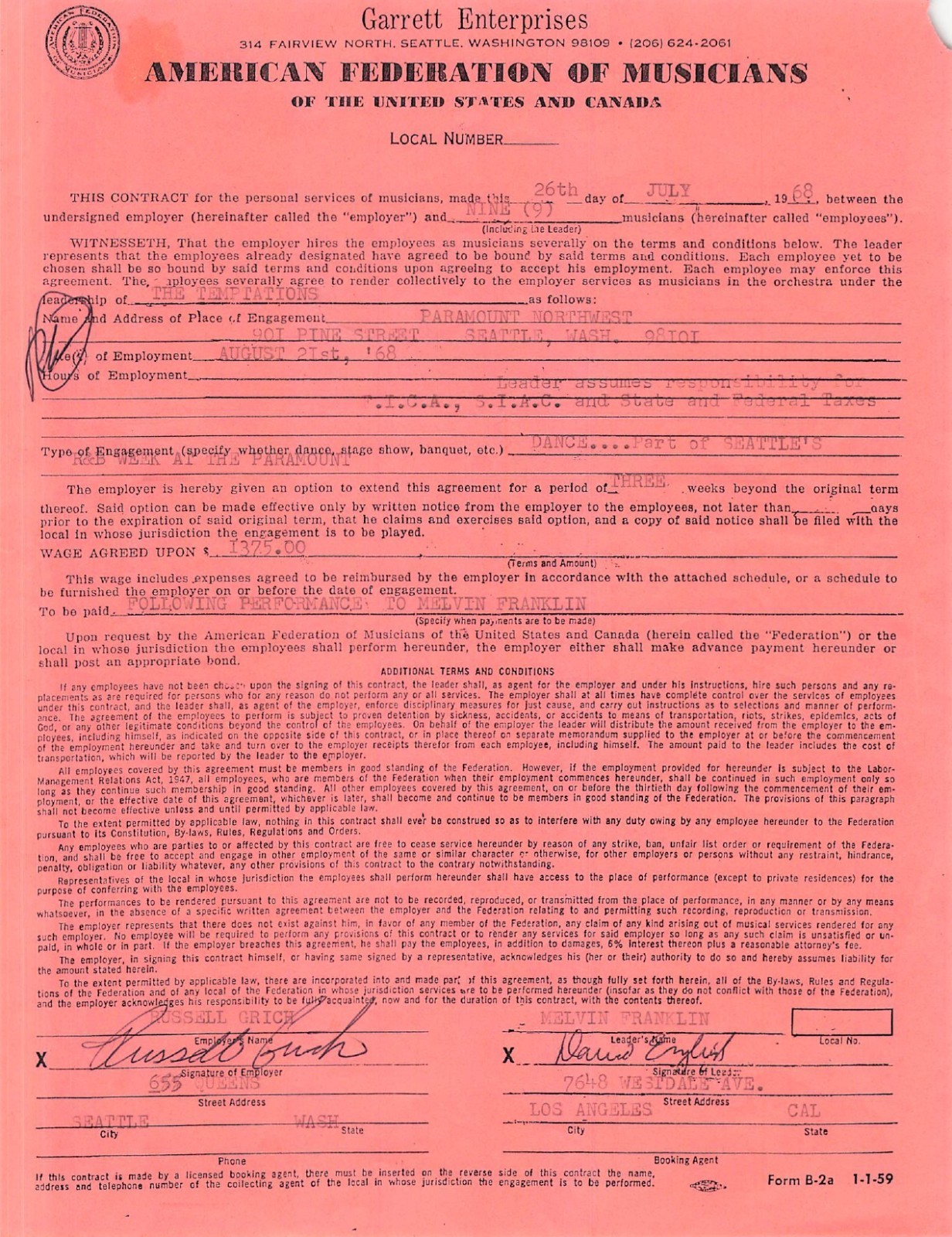 🎶Temptations Signed Music Contract Franklin Kendrick Williams Williams Edwards