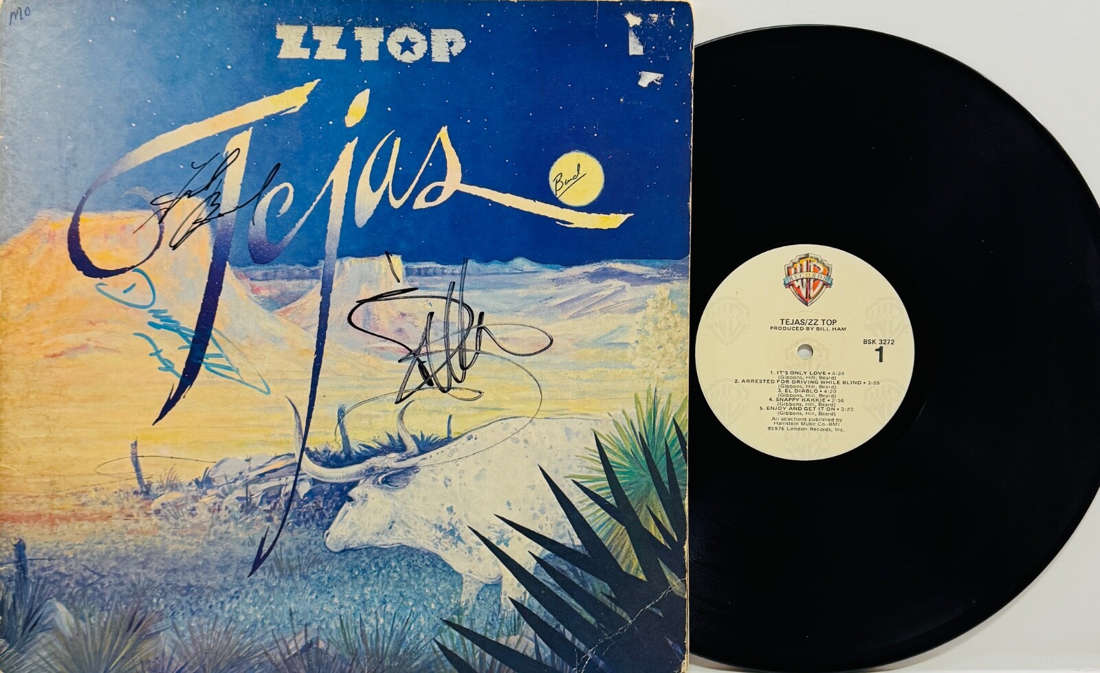 ZZ TOP BILLY GIBBONS FRANK BEARD DUSTY HILL “Tejas” Signed LP Cover JSA LOA