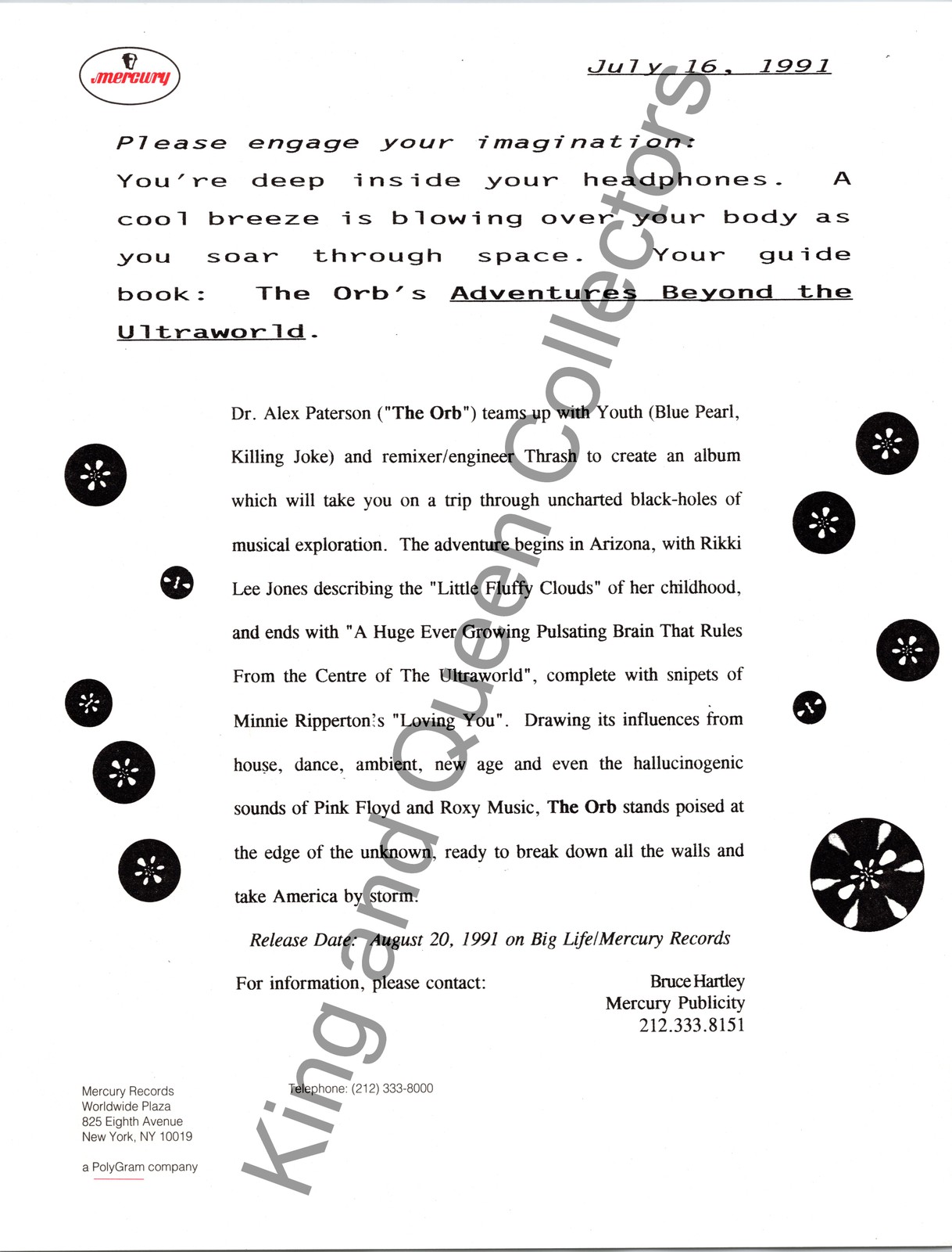 The Orb 1991 Original Mercury Records Press Kit Press Release Adventures Beyond