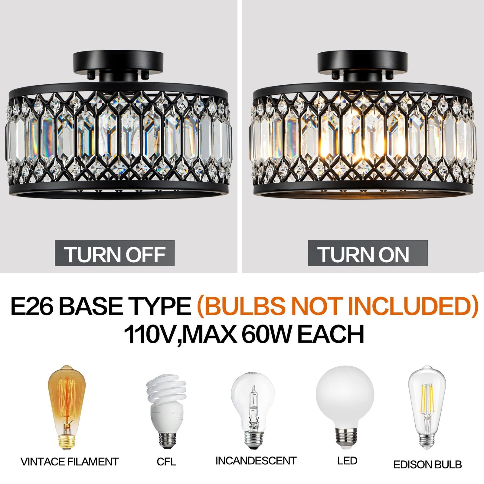Zlepmlla Crystal Black Ceiling Light, Modern Semi Flush Mount Ceiling Light F…