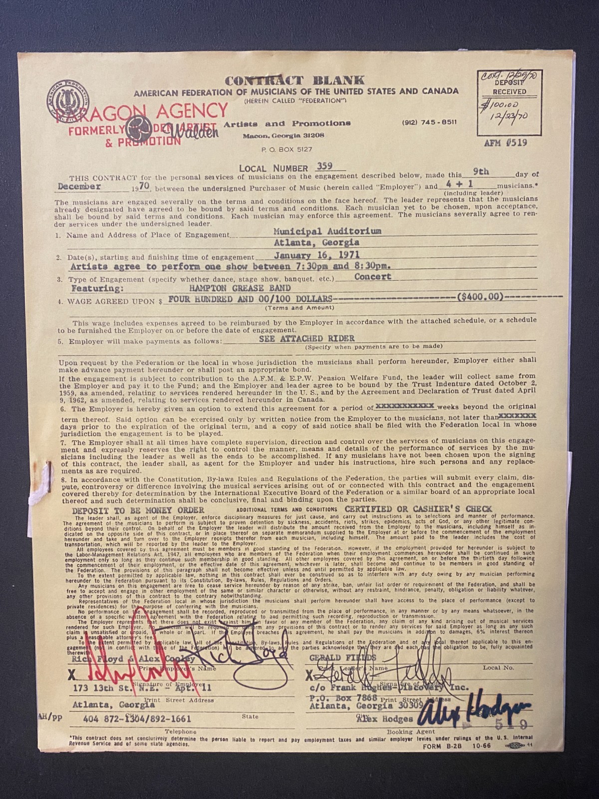 RARE 1970 Hampton Grease Band signed contract (opening for Allmans) FINAL PRICE