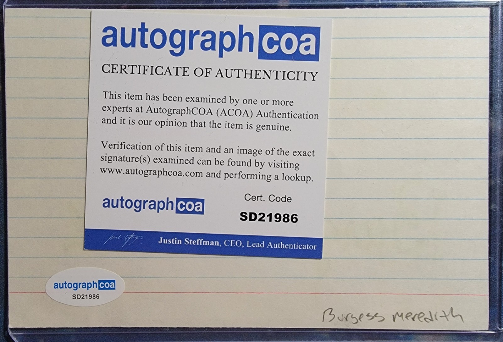 Burgess Meredith Authentic Signed Index Card W/ ACOA Grumpy Old Men