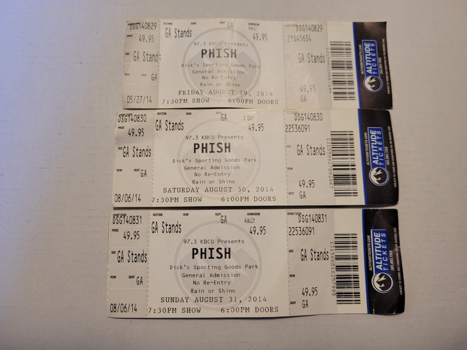 Phish Ticket Stubs Dick’s Sporting Goods Park 2014 Lot of 3 8/29/14 to 8/31/14