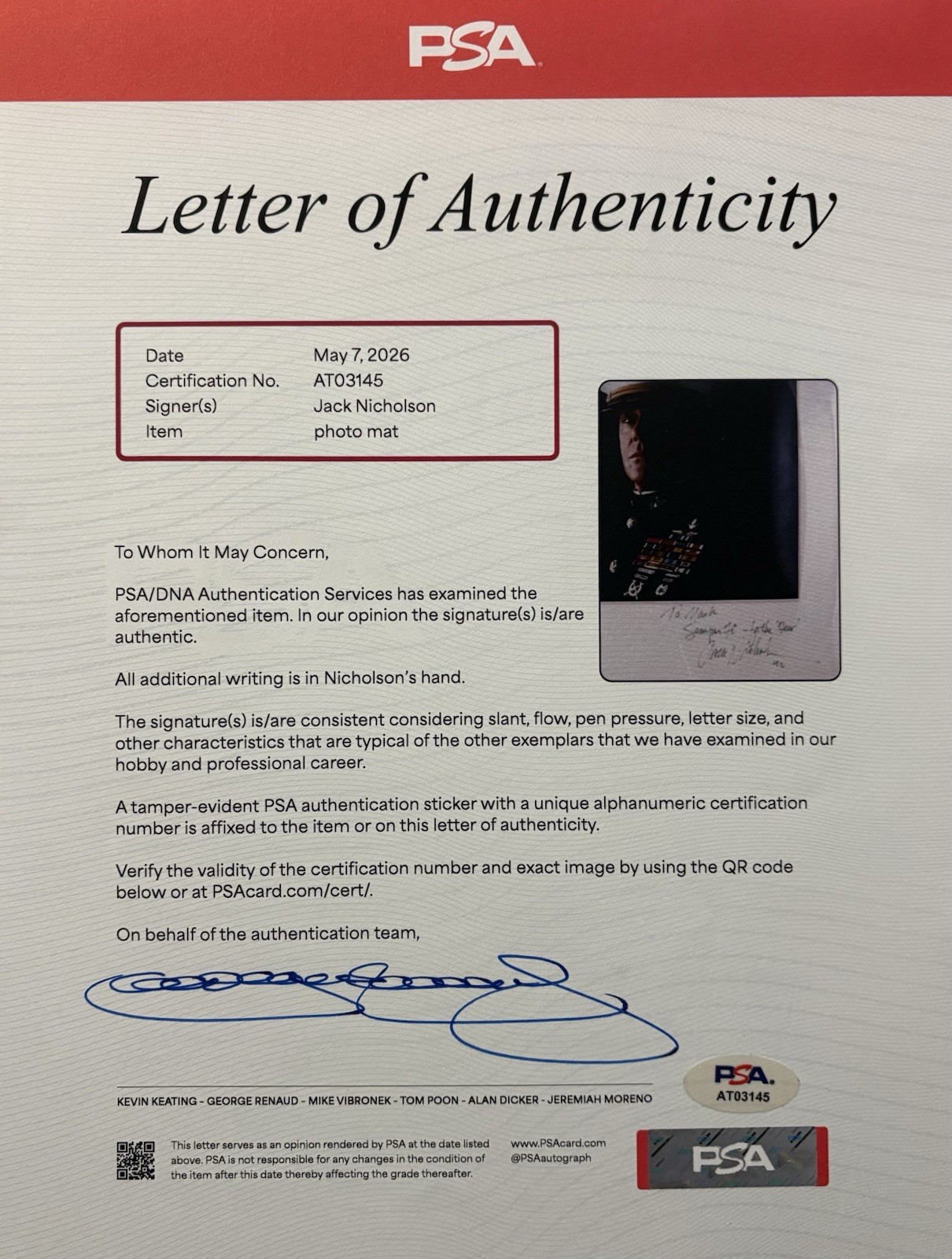 JACK NICHOLSON +MICHELE SINGER-REINER A FEW GOOD MEN SIGNED AUTO DISPLAY PSA/DNA