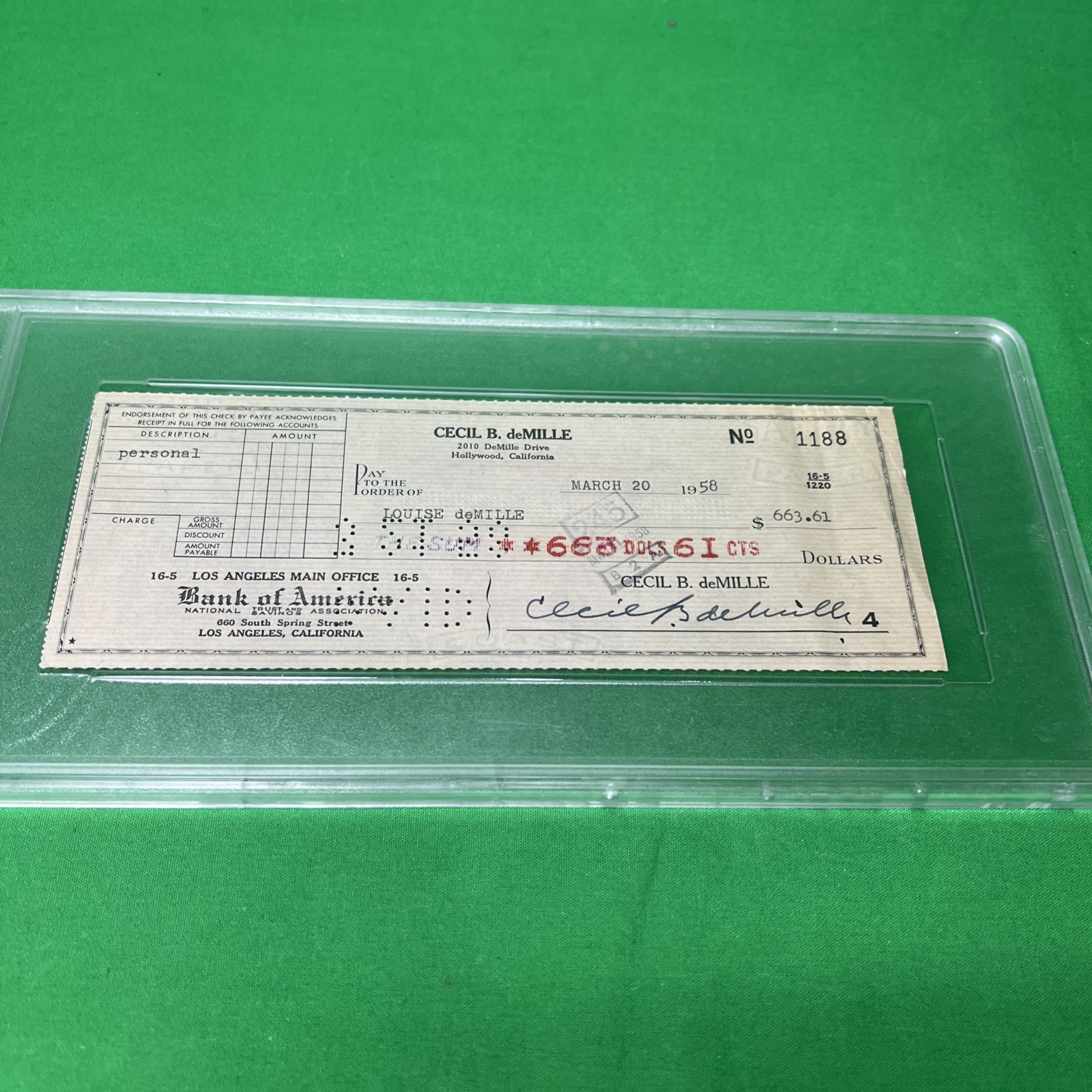 CECIL B. DEMILLE DIRECTOR AUTOGRAPH SIGNED CHECK TO HIS WIFE LOUISE PSA