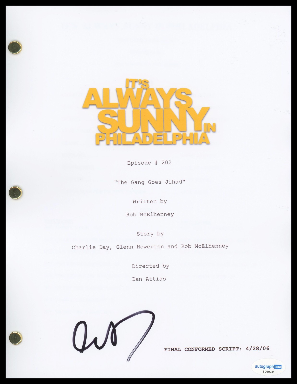 Charlie Day “It’s Always Sunny in Philadelphia” SIGNED ‘Gang Goes Jihad’ Script