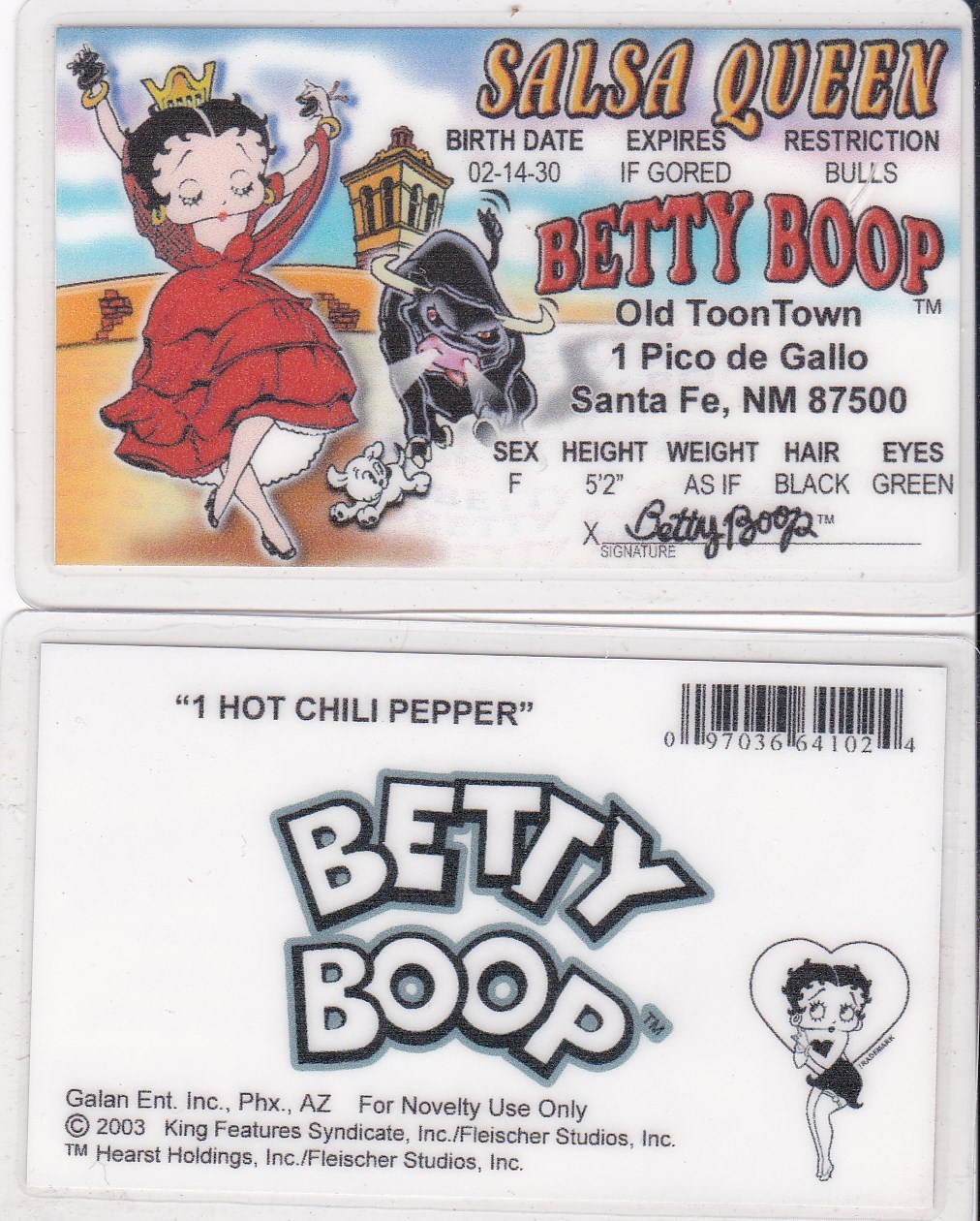 Betty Boop SALSA QUEEN Santa Fe NM inspired Identification ID Card