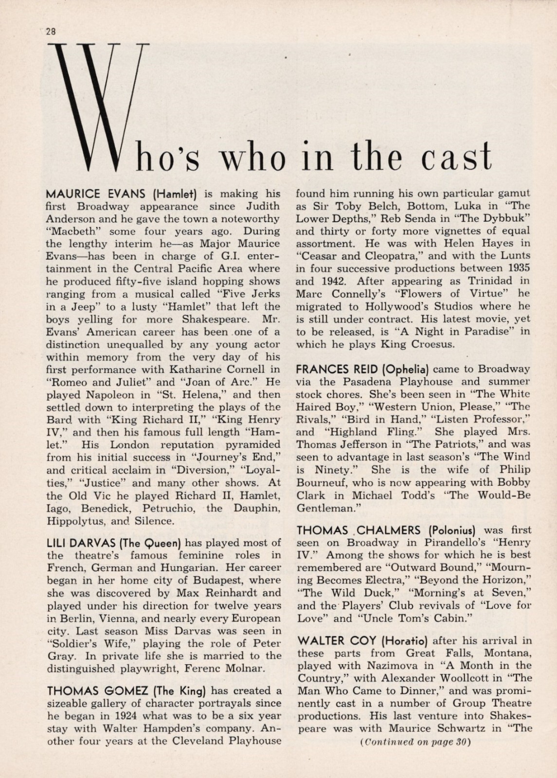 Maurice Evans “HAMLET” Lili Darvas / Ray Walston (Debut) 1945 Opening Playbill