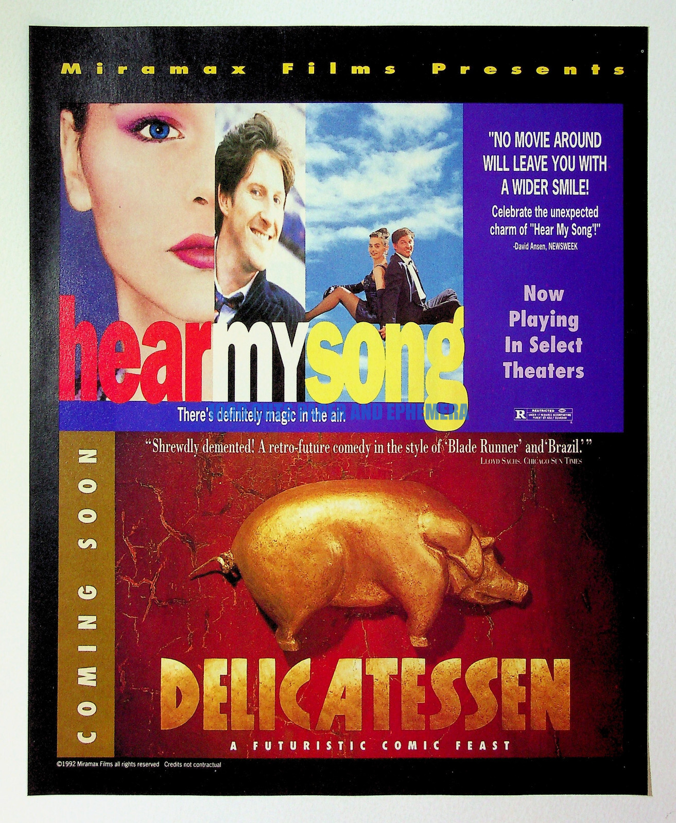 Hear My Song + Delicatessen Miramax Films 1992 Print Magazine Ad Poster ADVERT