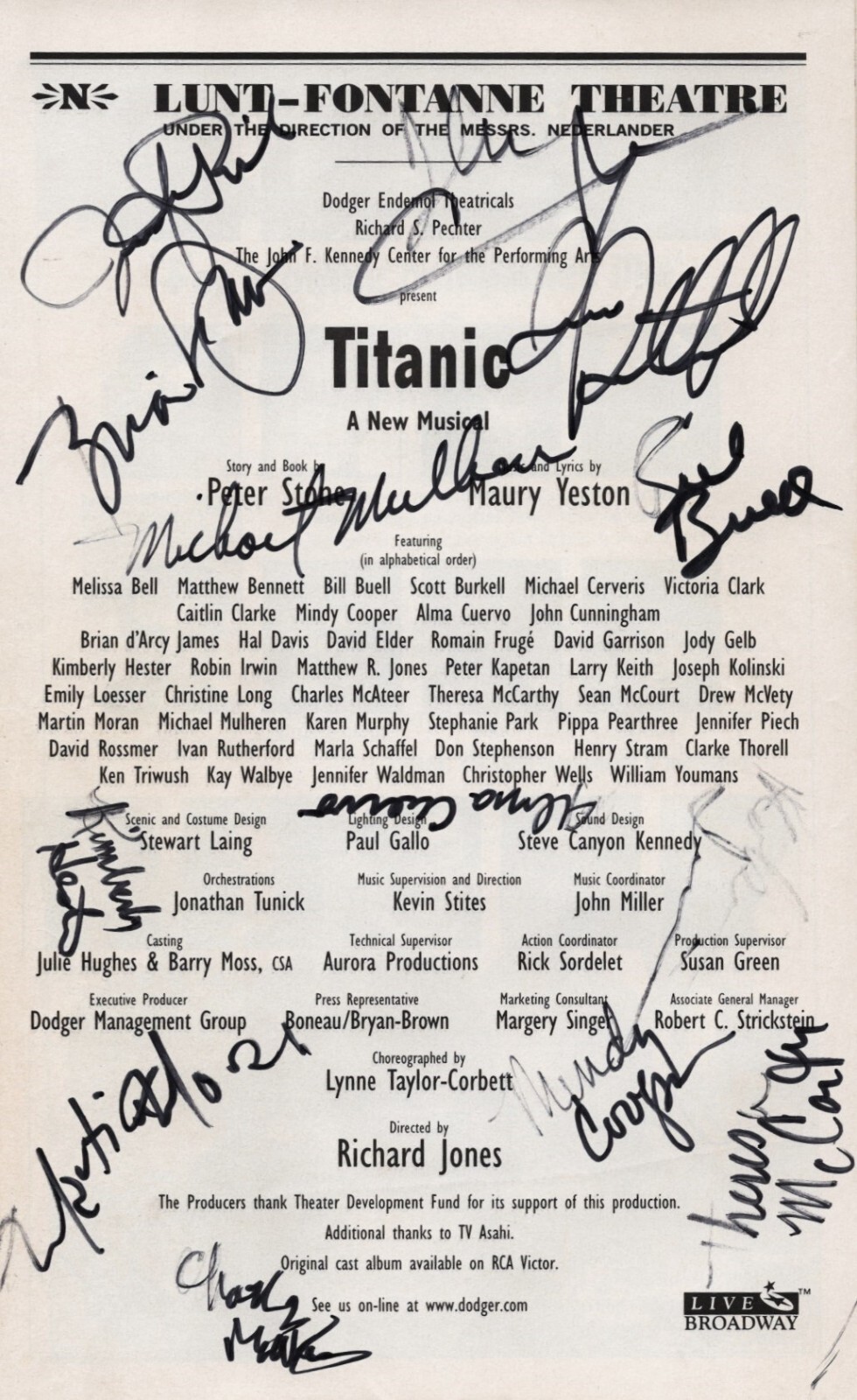 Brian d’ Arcy James (Signed) “TITANIC” Victoria Clark 1998 Playbill with Ticket
