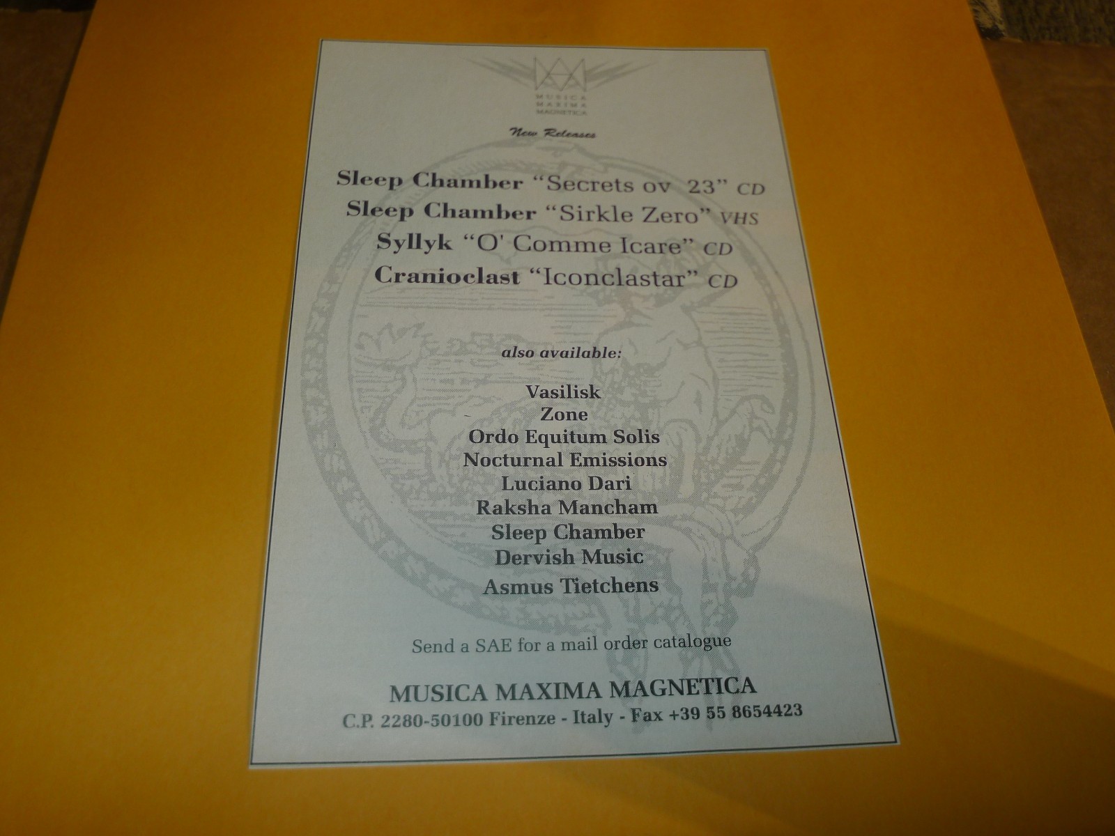 Musica Maxima PRINT AD industrial SLEEP CHAMBER noise SYLLYK ambient CRANIOCLAST