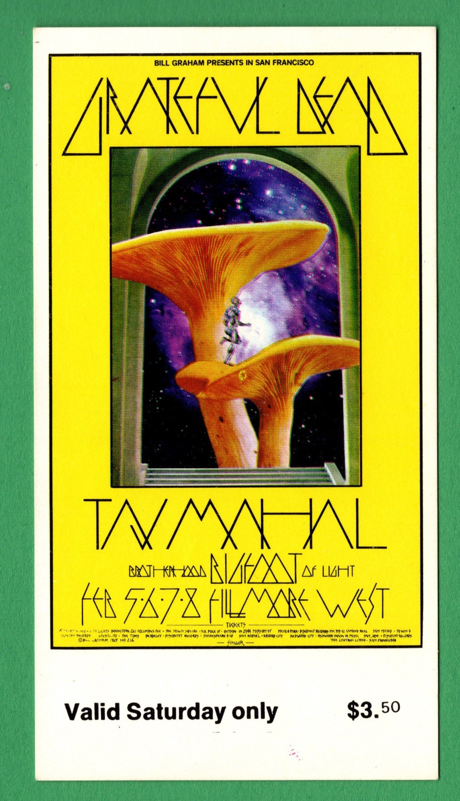 GratefuL Dead Taj MahaL BG216 BiLL Graham FiLLmore Saturday 1970 Ticket
