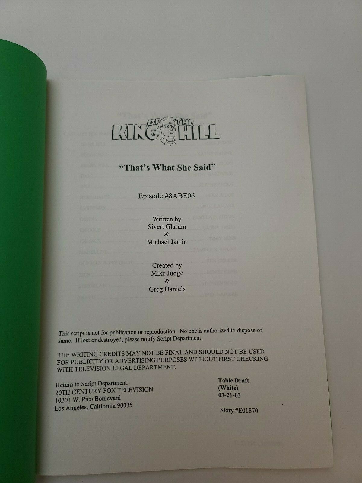 KING OF THE HILL / Sivert Glarum 2003 TV Script “That’s What She Said”