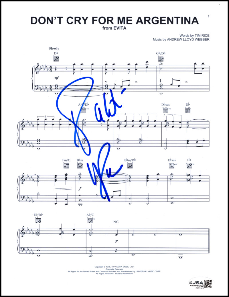 Patti LuPone Signed Autograph Evita – Don’t Cry for Me Argentina Sheet Music JSA