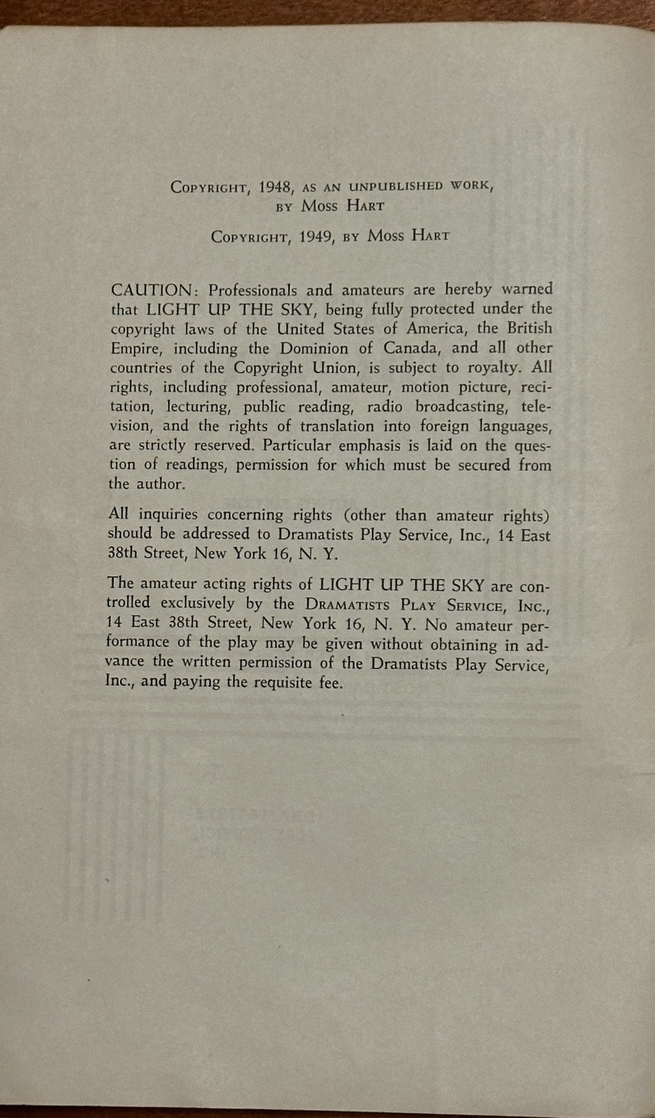 LIGHT UP THE SKY ~1949 FIRST EDITION ~ w/ ROYALE THEATRE LIGHTING BOARD CUES
