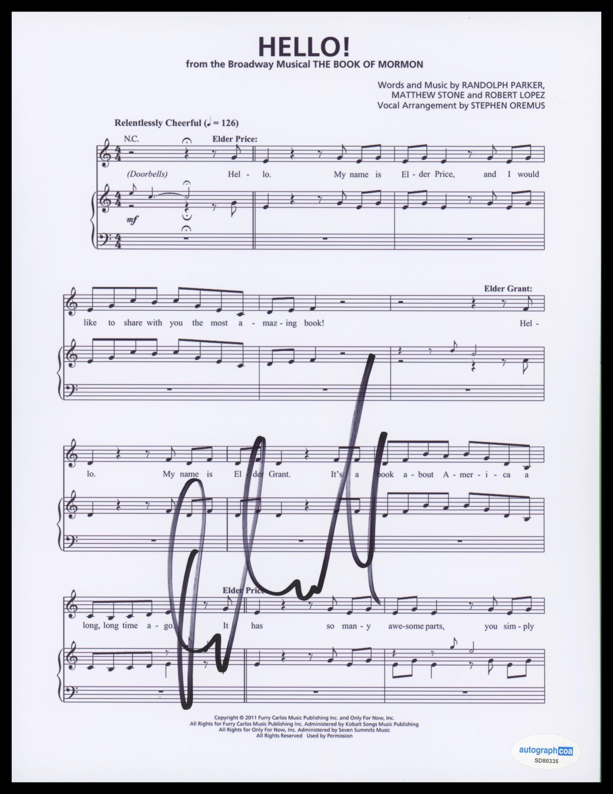 Andrew Rannells “The Book of Mormon” AUTOGRAPH Signed ‘Hello!’ Sheet Music ACOA