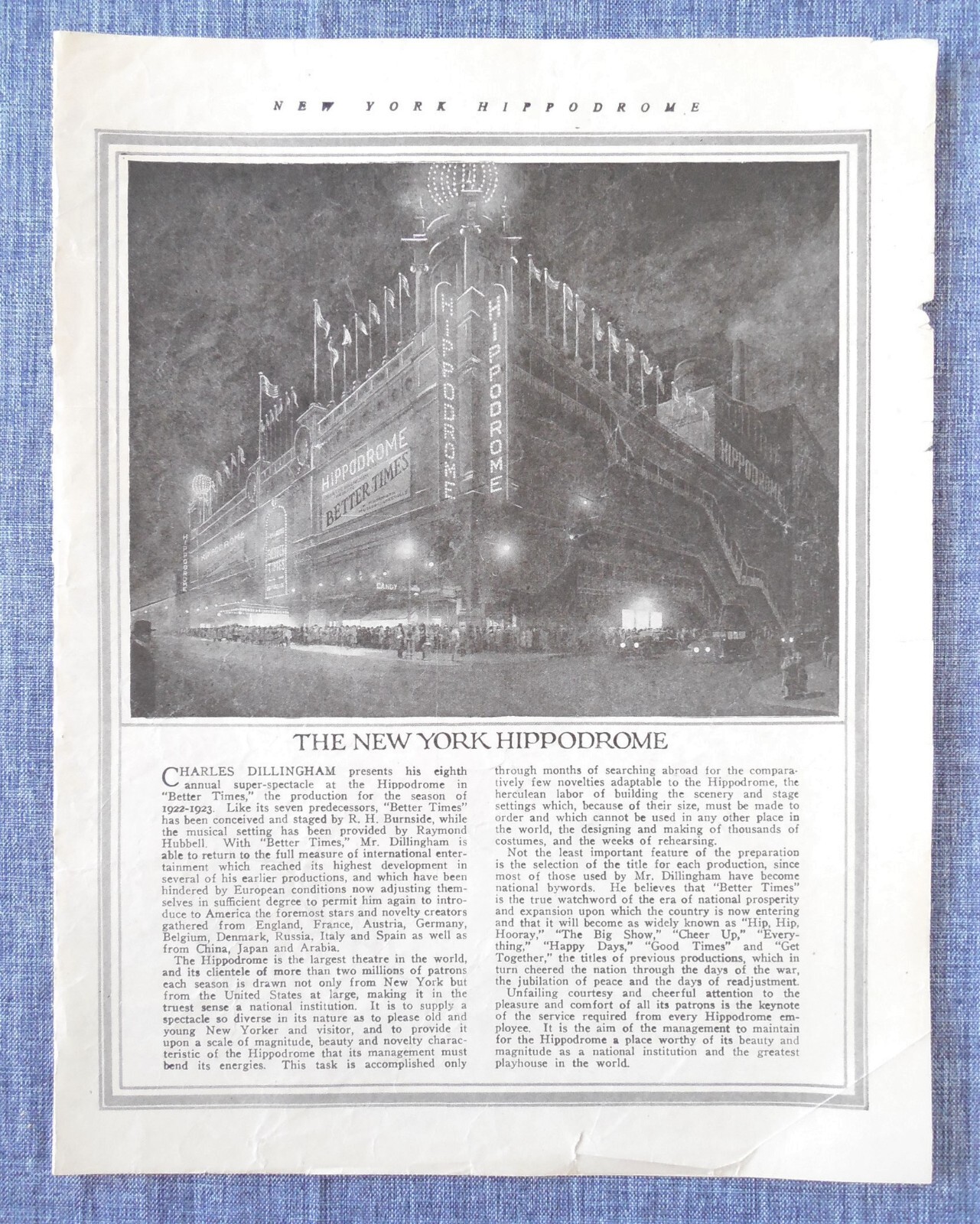Vintage 1923 New York Hippodrome Theater “Better Times” Program Flyer Ephemera