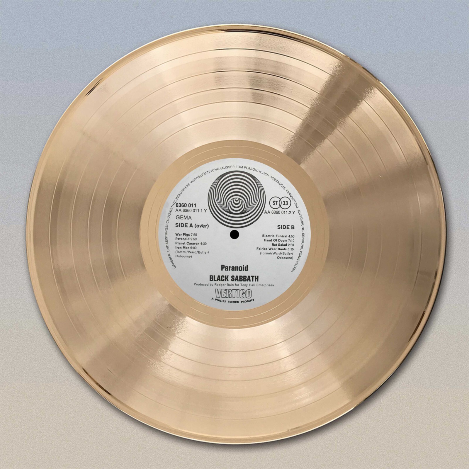 Black Sabbath “Paranoid” Gold LP Record wall art