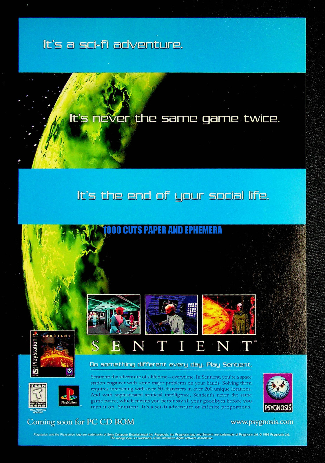 Sentient Psygnosis PlayStation PS1 1997 Trade Print Magazine Ad Poster ADVERT