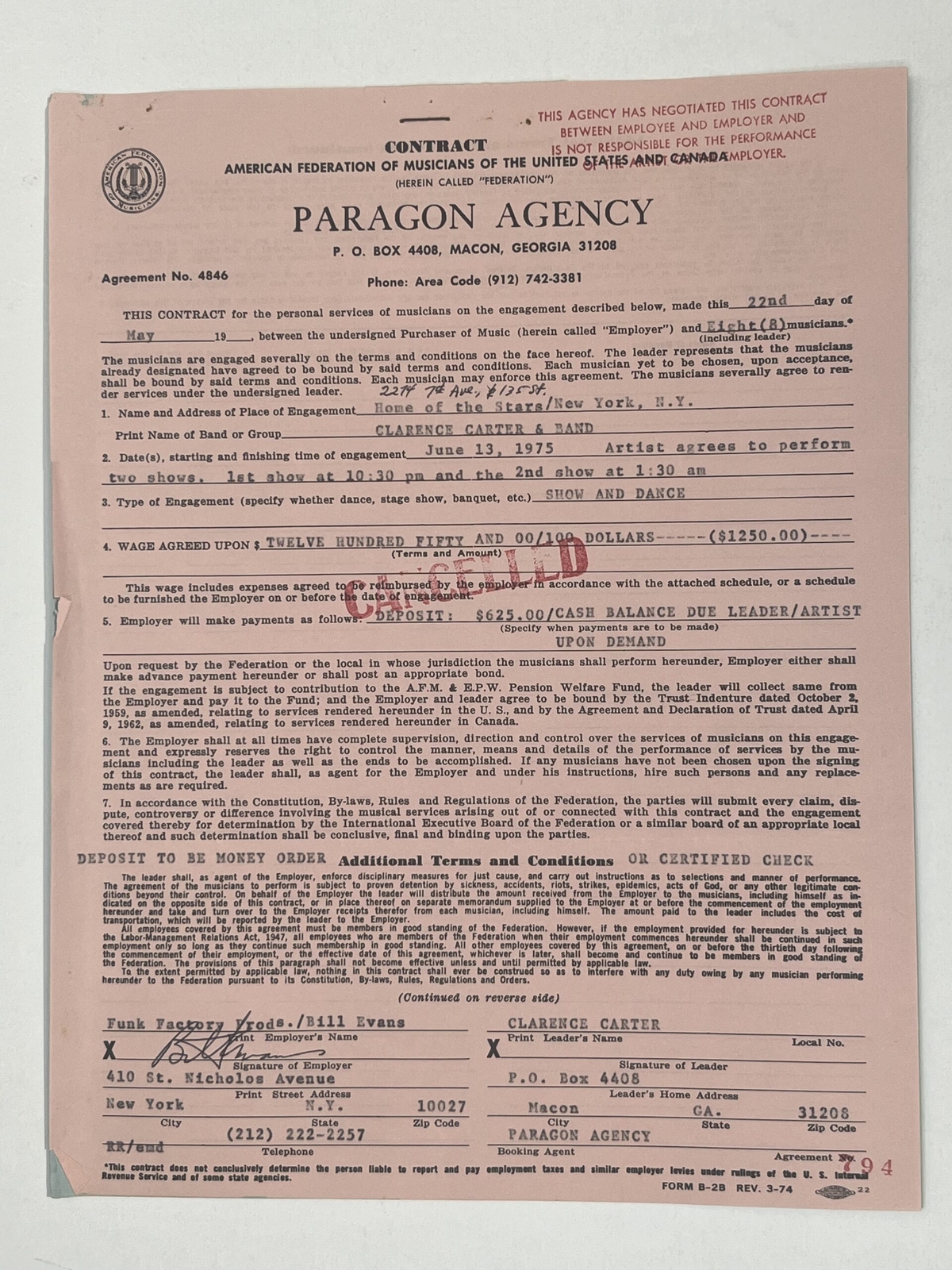 Clarence Carter Cancelled Concert Contract 1975 New York NY