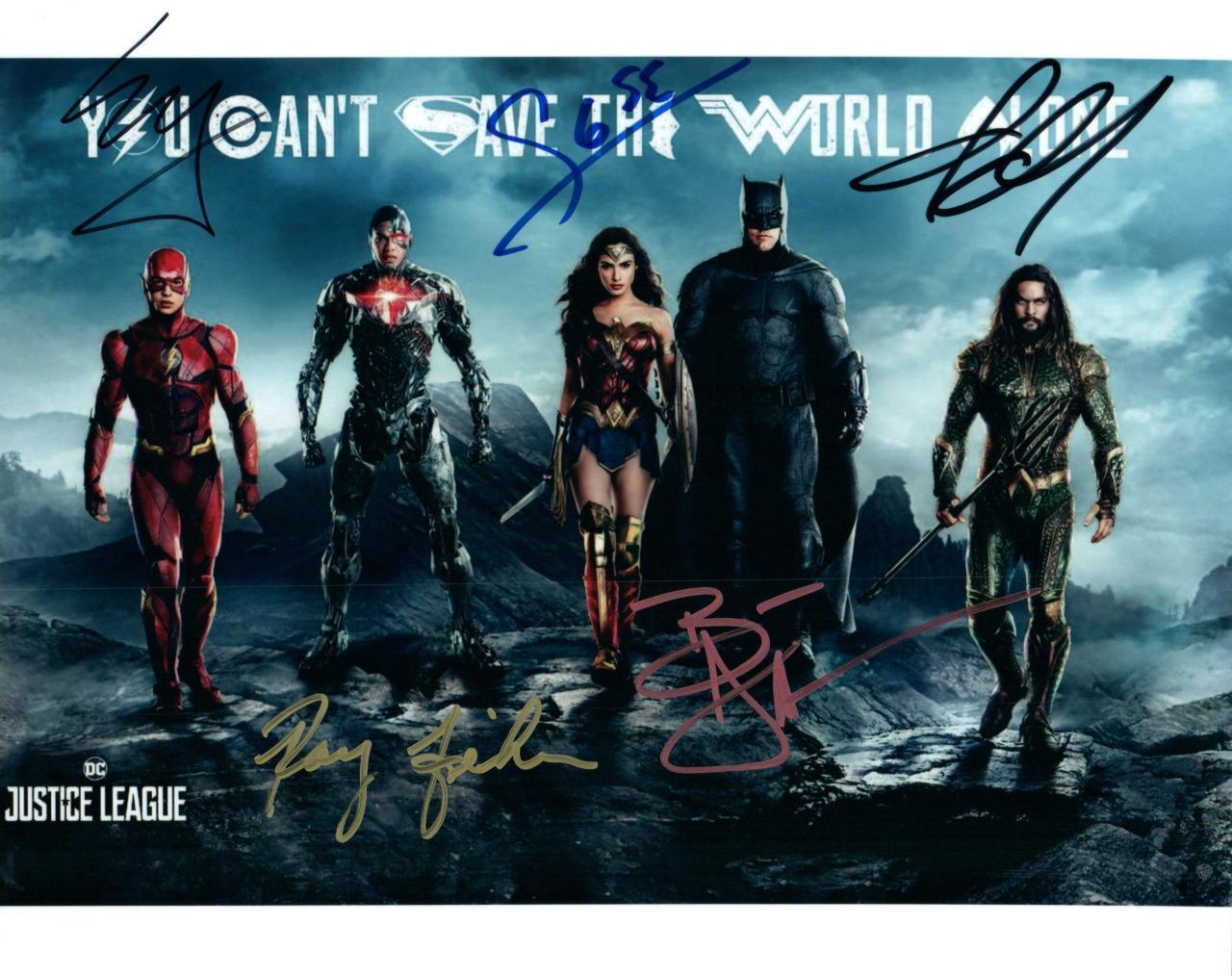 Ezra Miller Gadot Affleck Fisher Momoa signed 8×10 Photo autographed Nice + COA