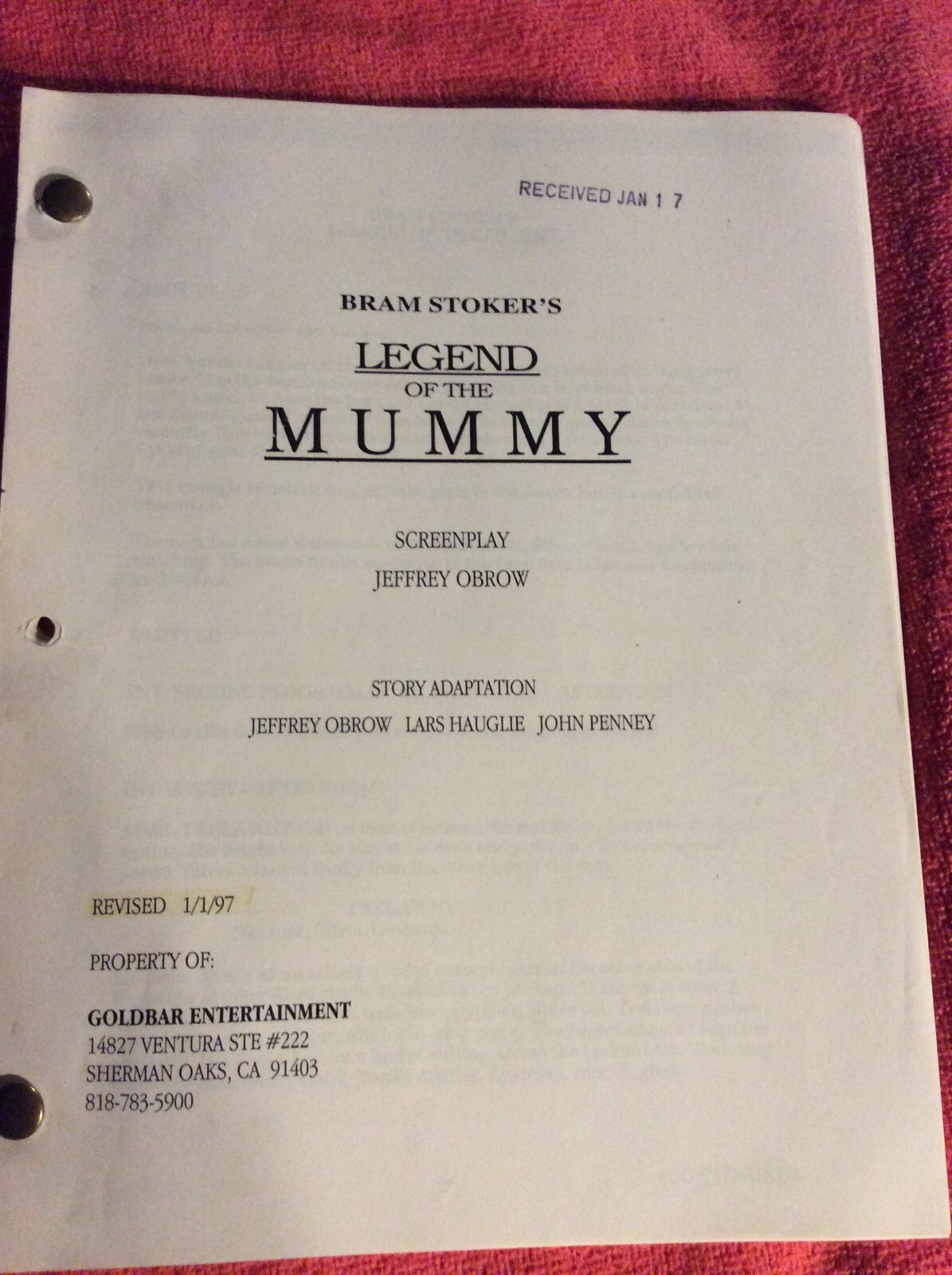 ORIGINAL SCRIPT BRAM STROKER’S LEGEND OF THE MUMMY LOUIS GOSSETT JR AMY LOCANE