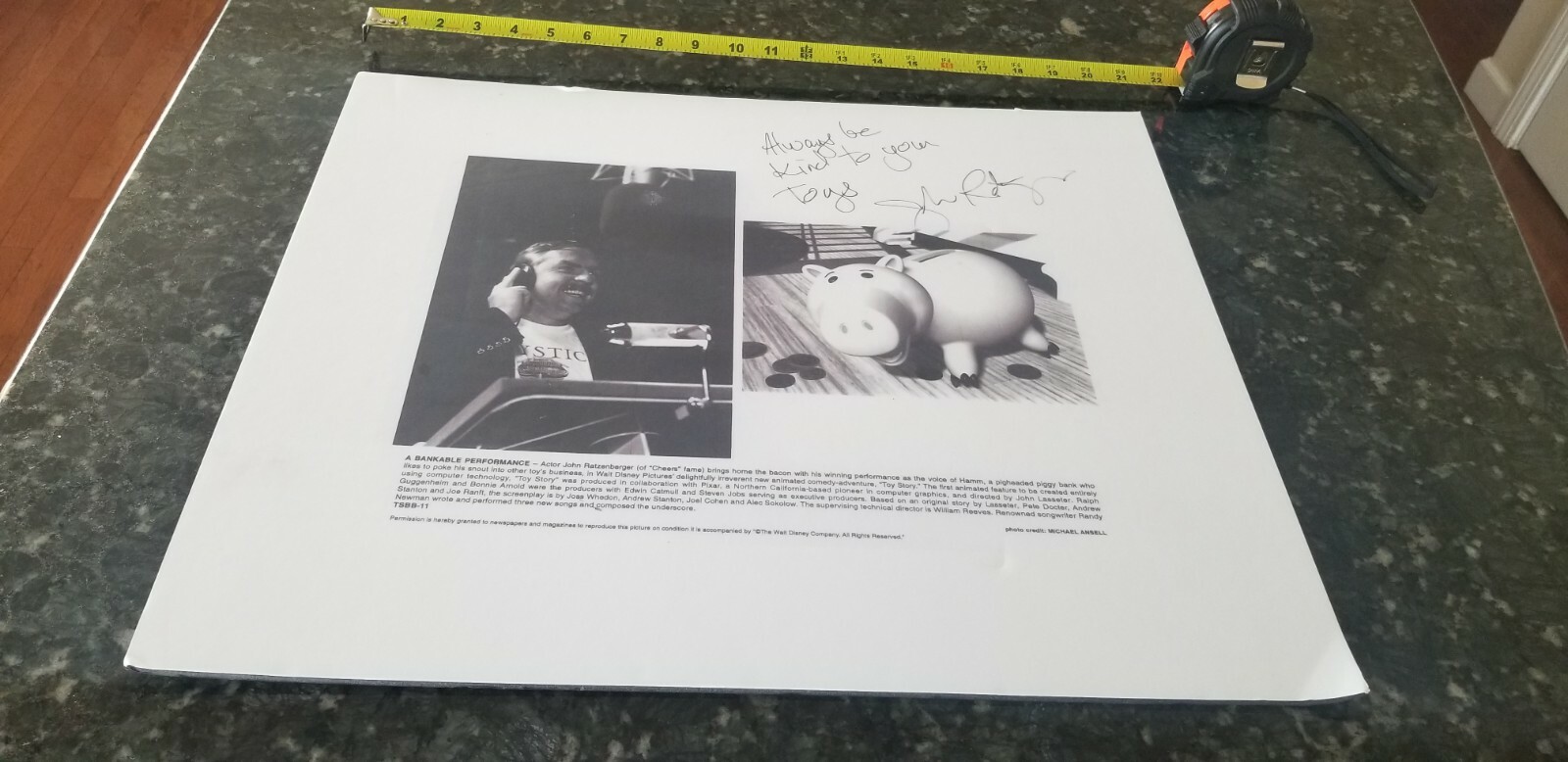 John Ratzenberger SIGNED 21×18 cardboard photo HAMM in TOY STORY BE KIND TO TOYS
