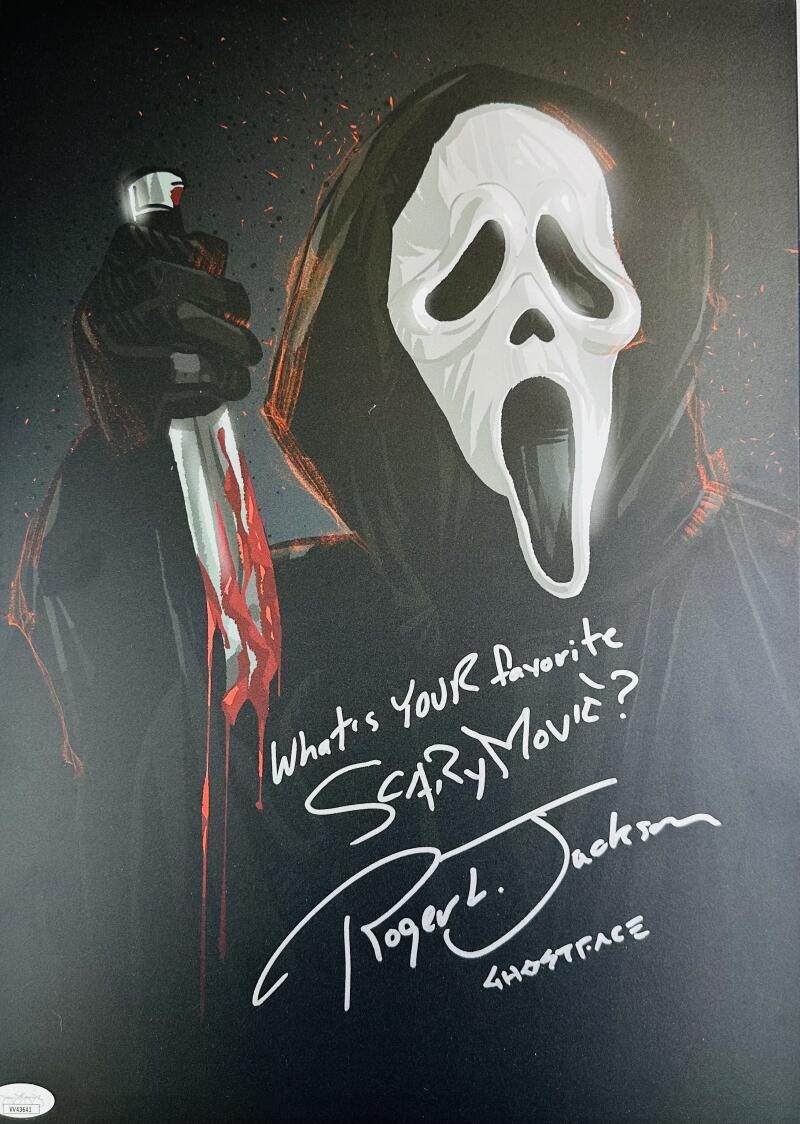 ROGER JACKSON SIGNED 11X17 GHOST FACE METAL DISPLATE PHOTO SCREAM AUTOGRAPH BAS