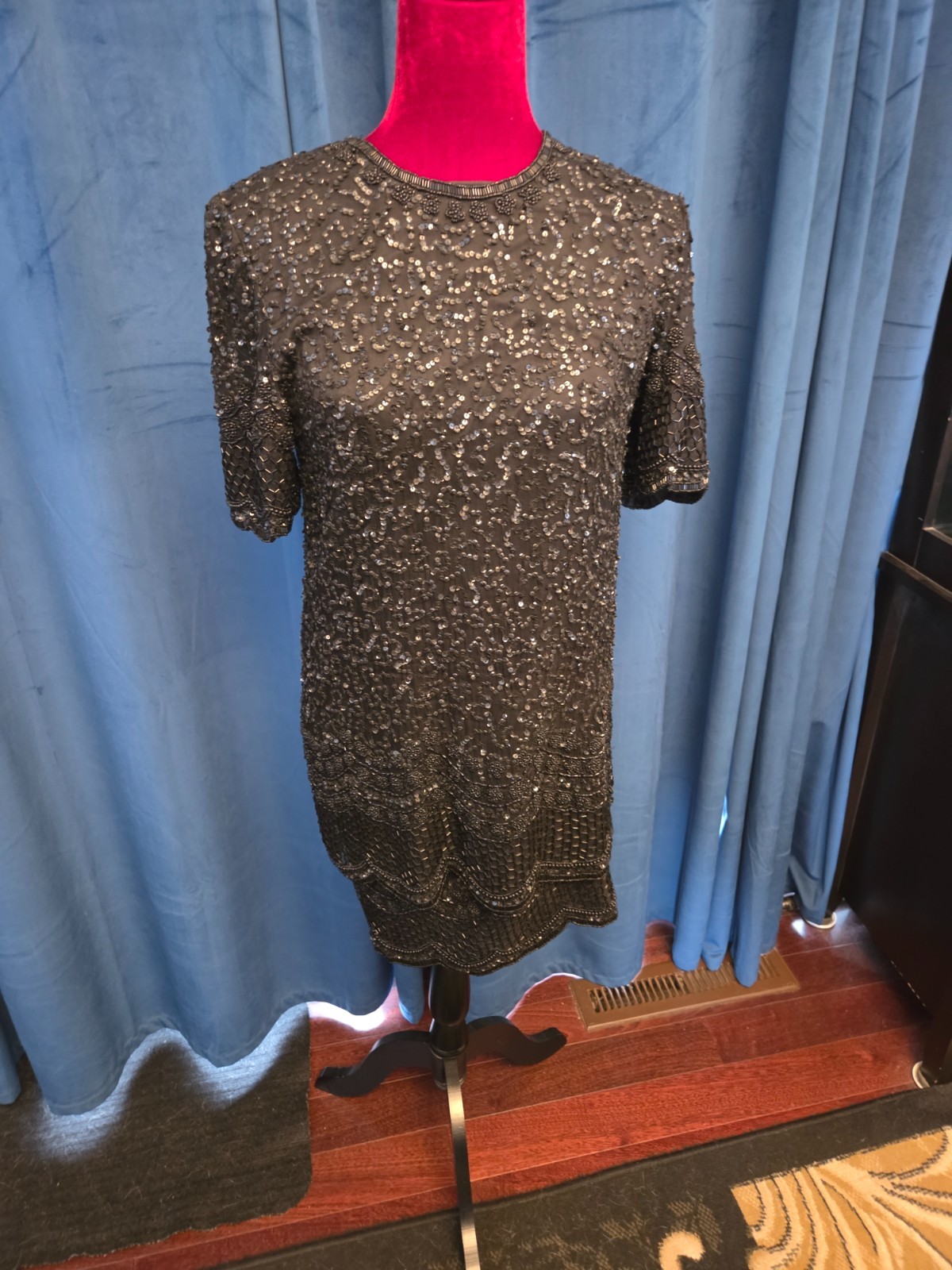 Bette Davis Owned & Worn Black Short Sleeve Beaded Dress from Sydney Guilaroff