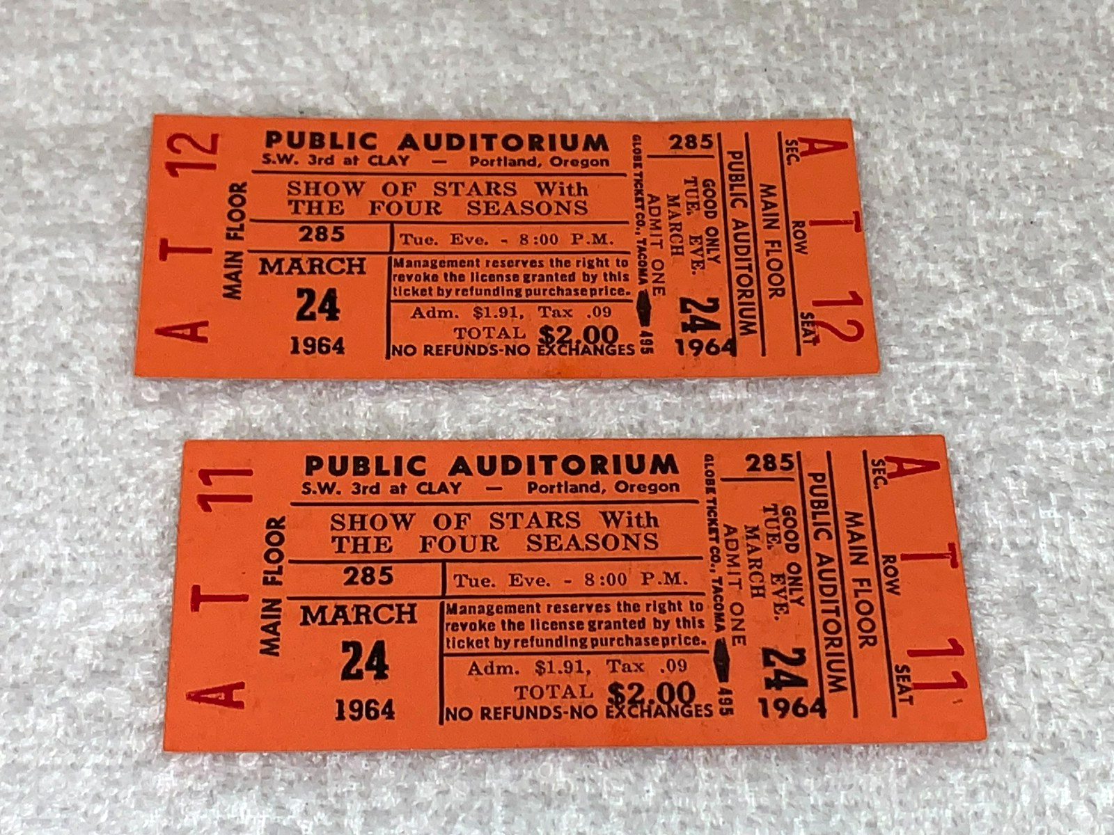 THE FOUR SEASONS 2 UNUSED 1964 CONCERT TICKETS FRANKIE VALLI SOUPY SALES Orange