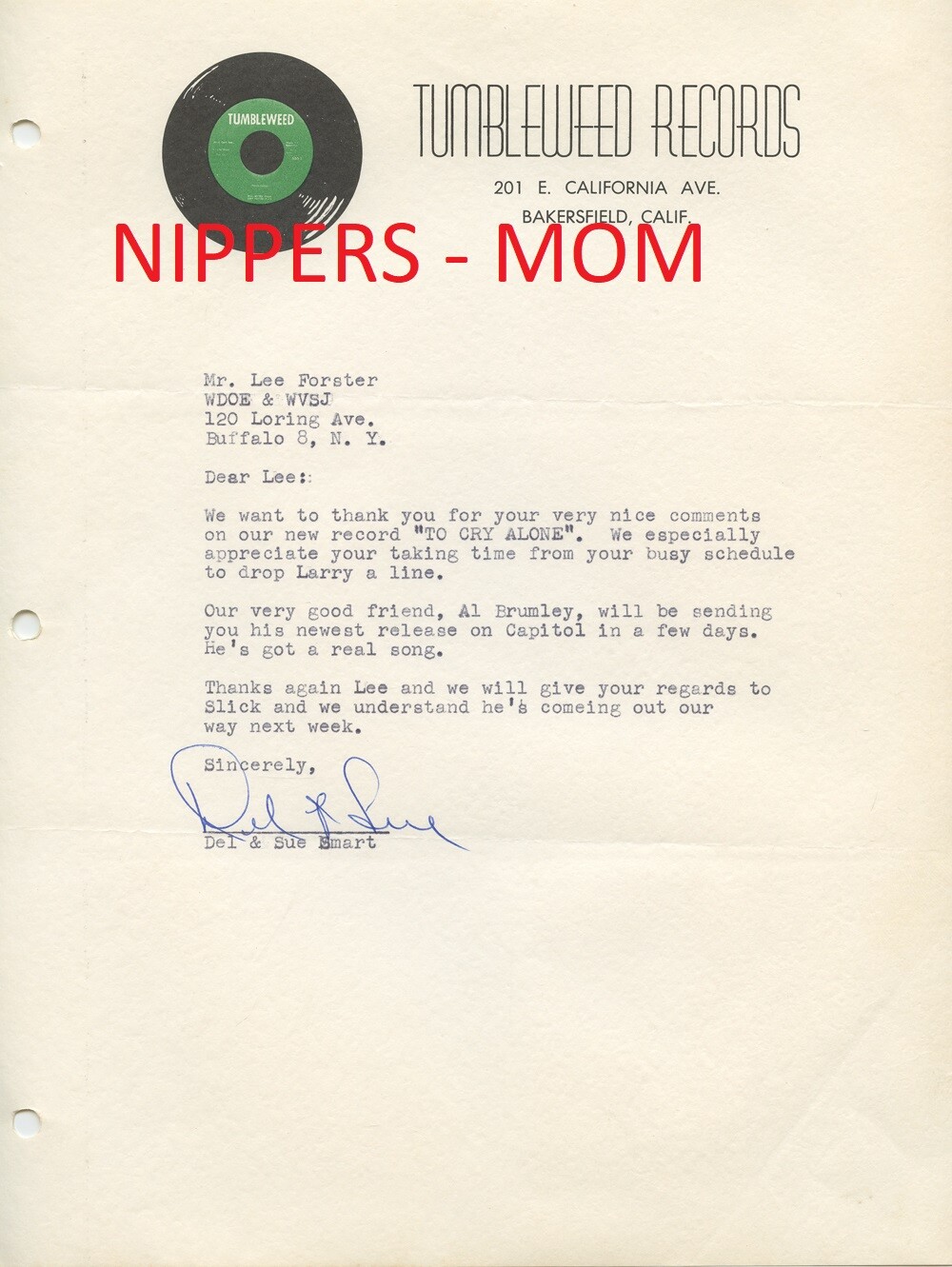 Rare Signed Letter from Del Smart – Tumbleweed Records – Bakersfield, CA.
