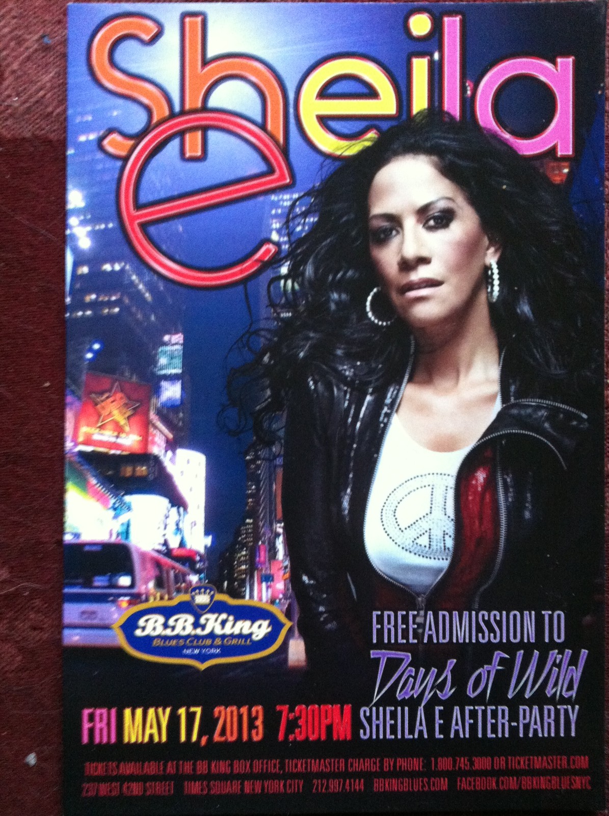 Sheila E ad/flyer NYC BB.Kings concert notice after party May 17 2013 Melanie