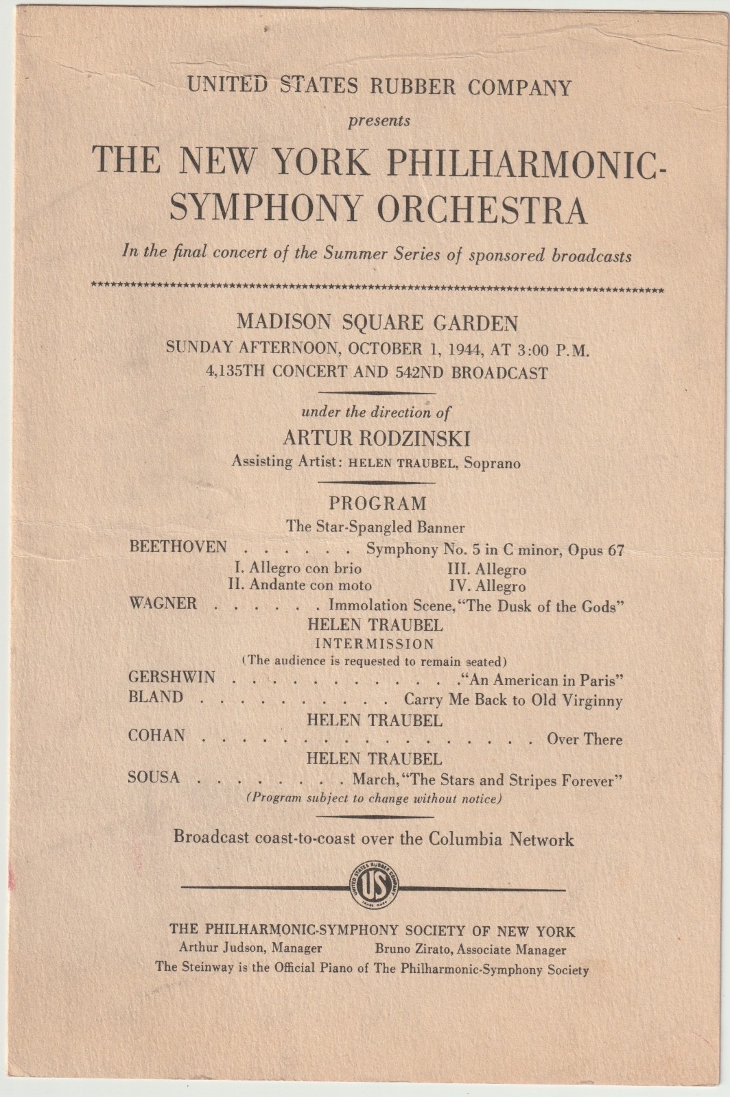 NEW YORK PHILHARMONIC SYMPHONY ORCHESTRA PROGRAM 10/1/44, MADISON SQUARE GARDEN
