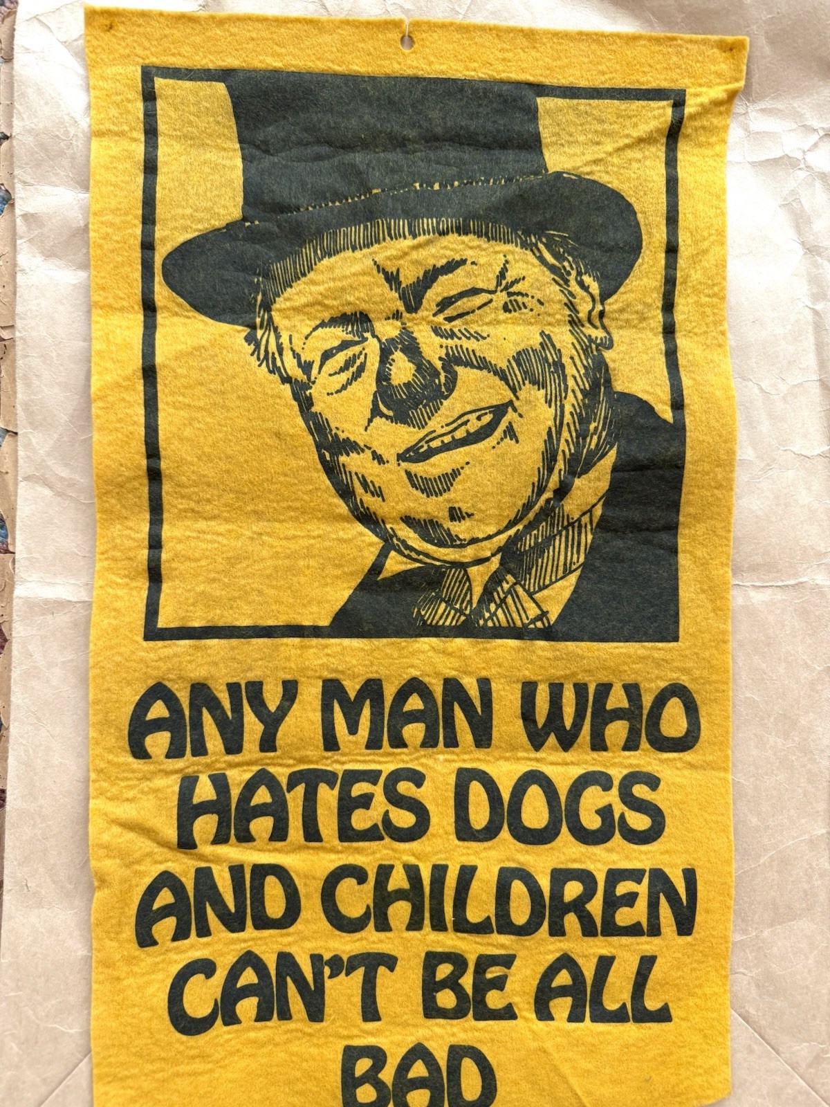 Vintage 1960s/70s W.C. Fields yellow felt graphic quote wall banner humor